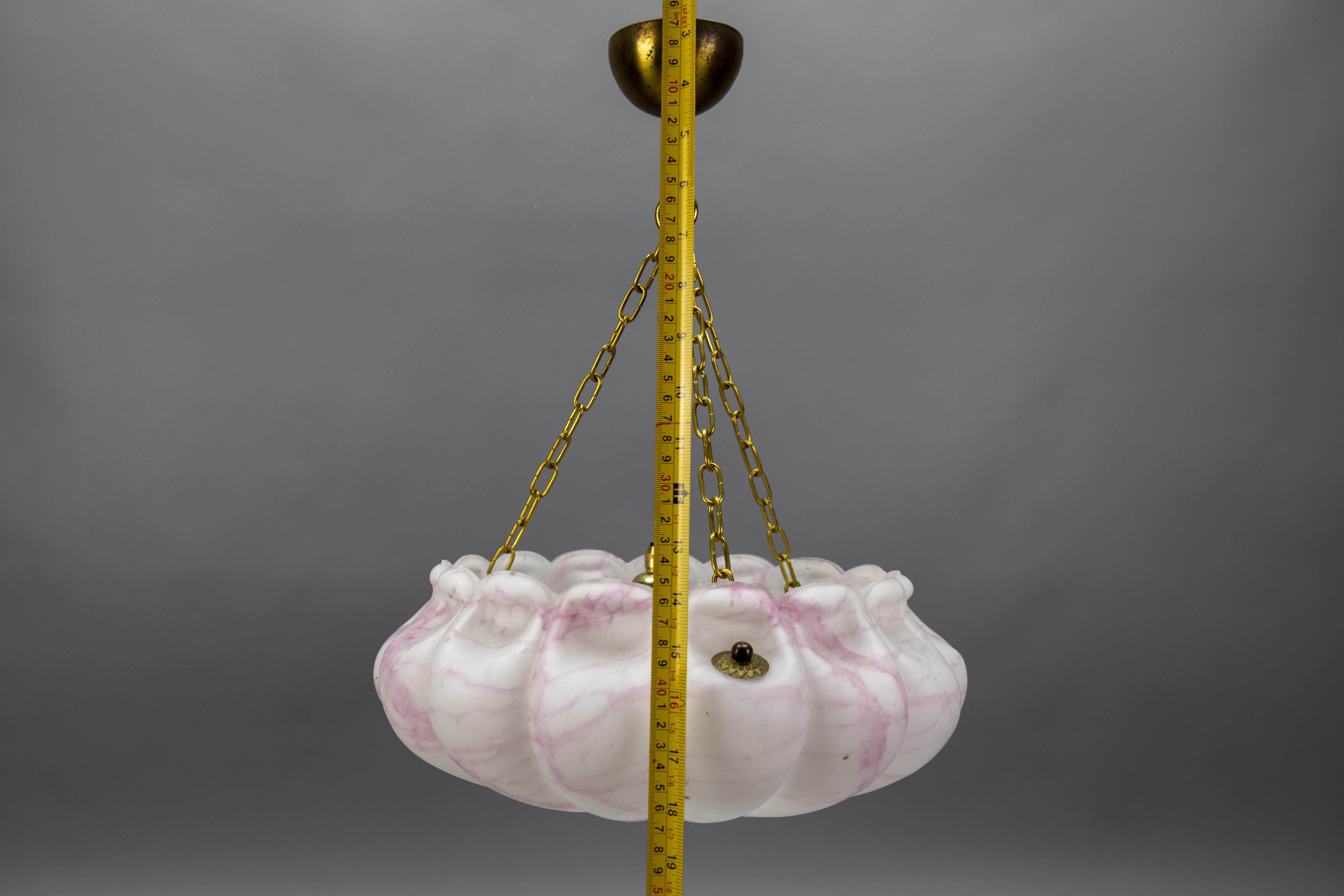 Art Deco White and Pink Marbled Glass and Brass Pendant Light, 1930s For Sale 11