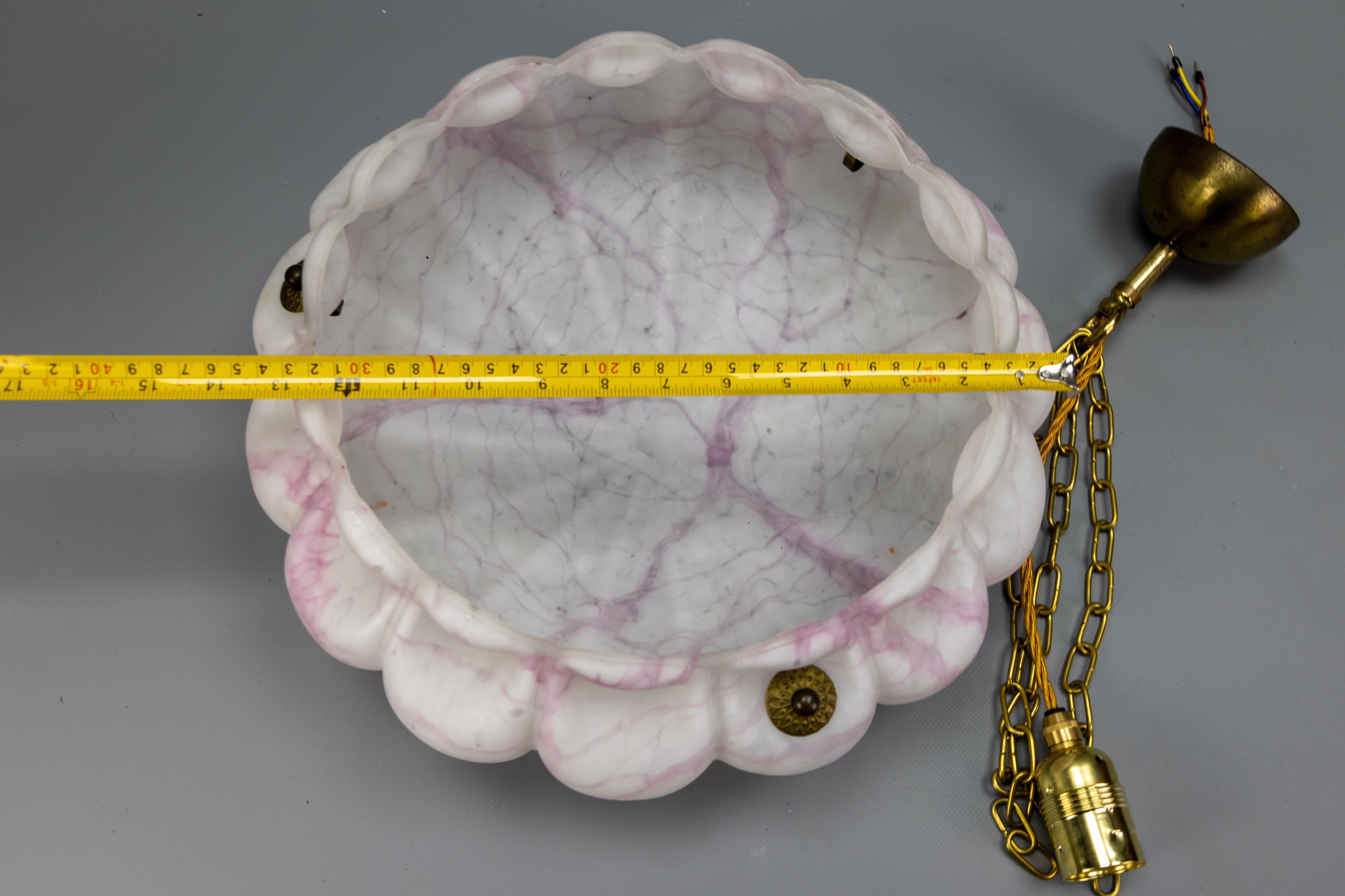 Art Deco White and Pink Marbled Glass and Brass Pendant Light, 1930s For Sale 12