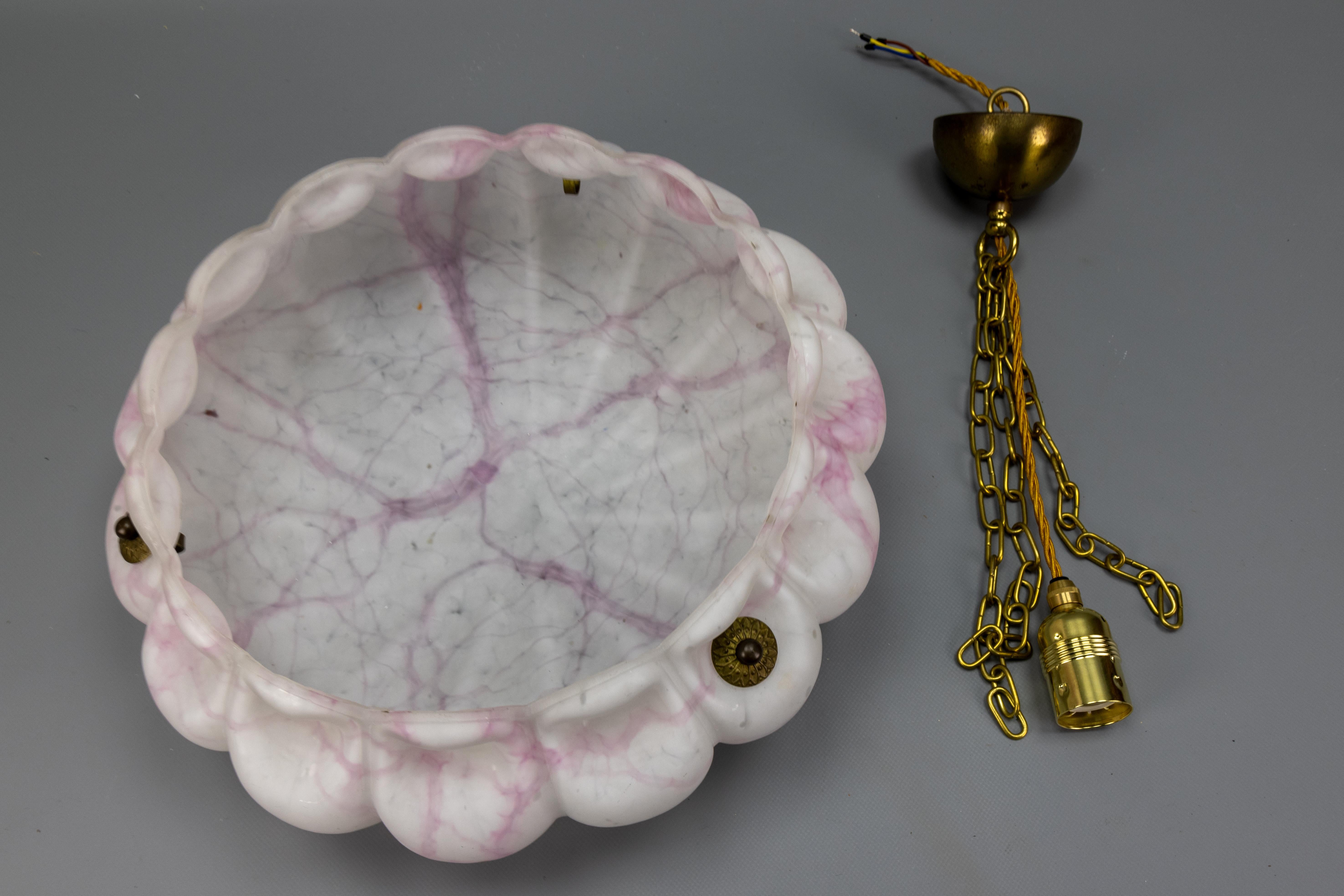 Art Deco White and Pink Marbled Glass and Brass Pendant Light, 1930s For Sale 13