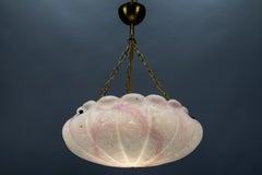 Art Deco White and Pink Marbled Glass and Brass Pendant Light, 1930s