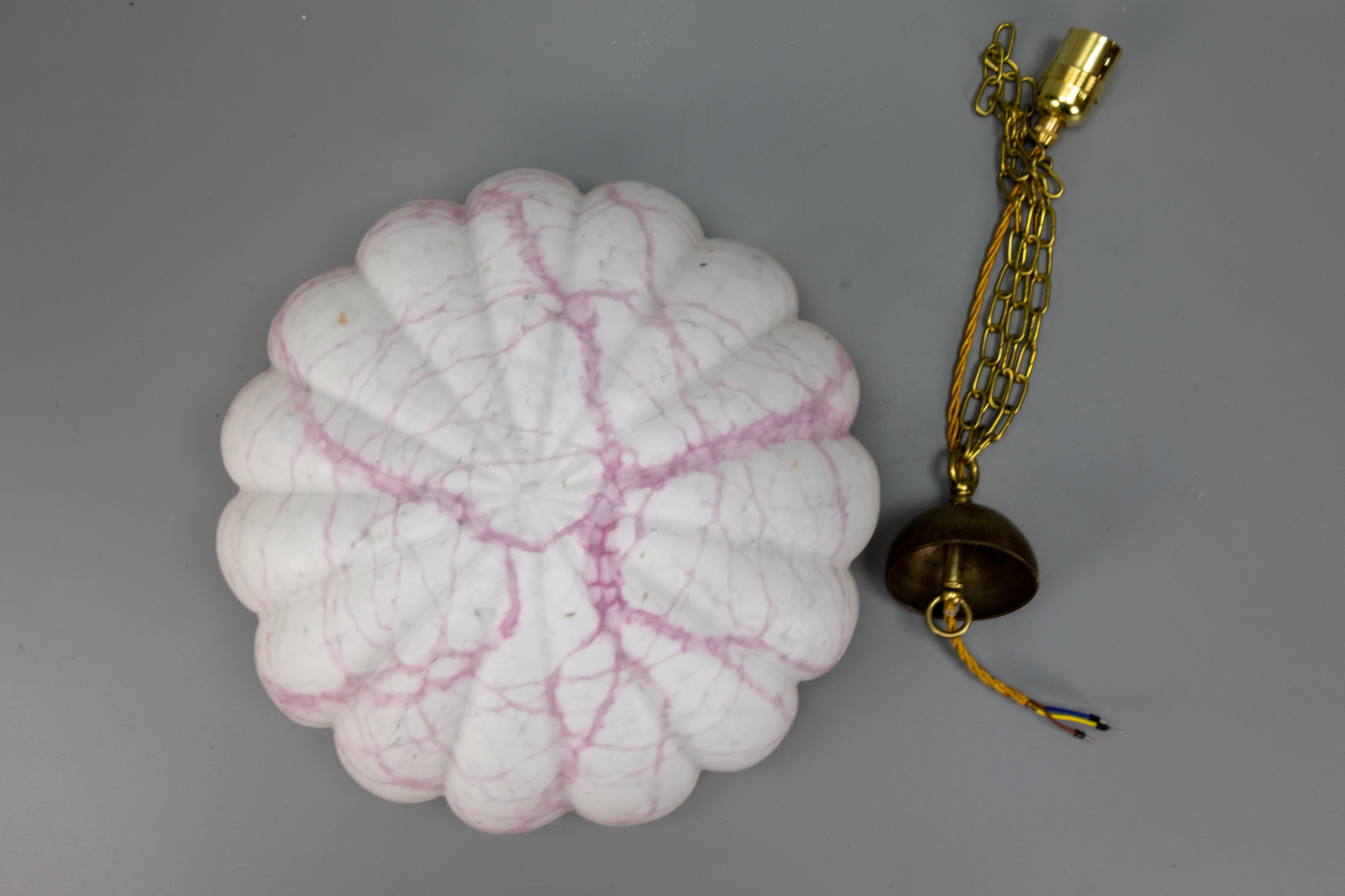 Art Deco White and Pink Marbled Glass and Brass Pendant Light, 1930s For Sale 14