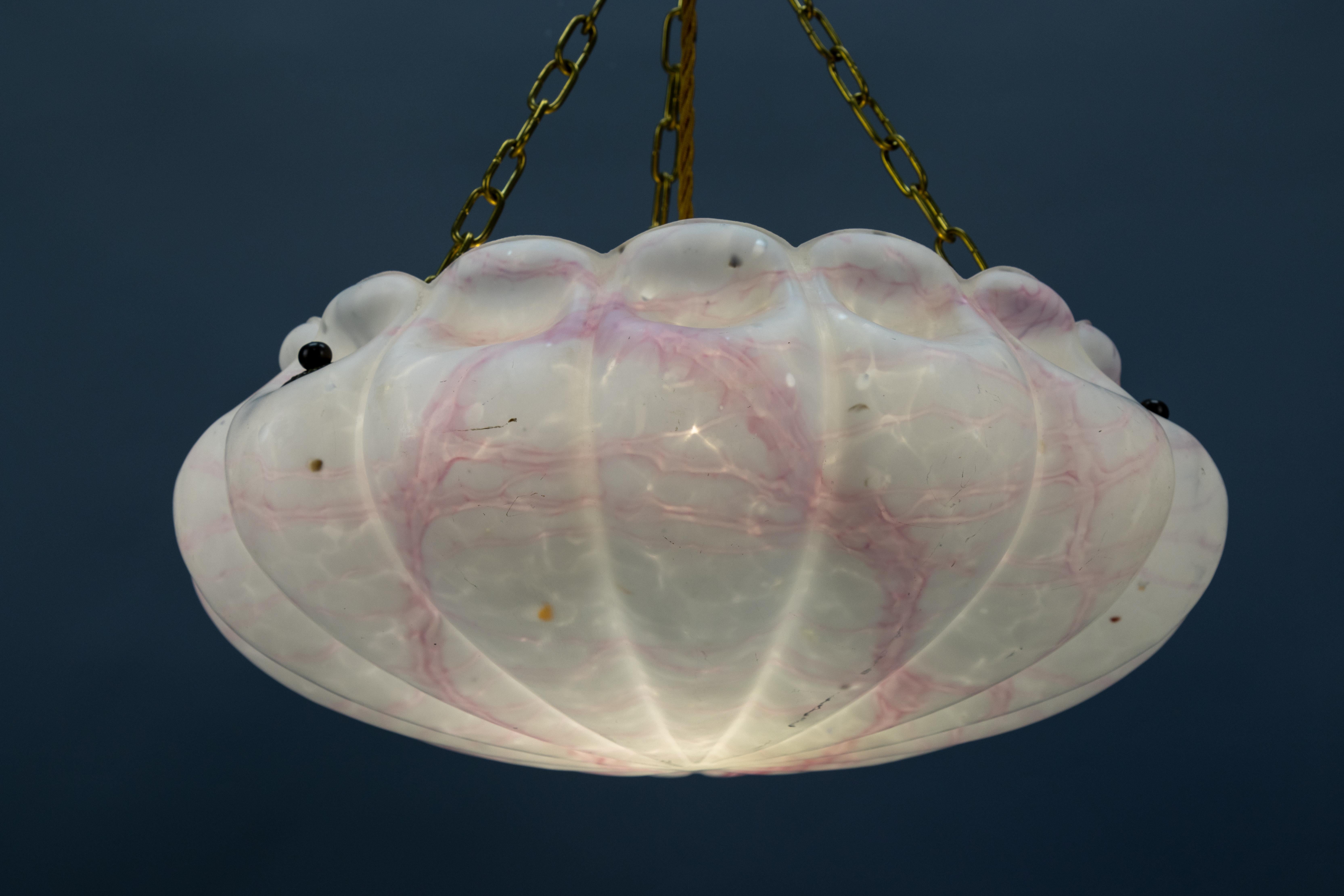 German Art Deco White and Pink Marbled Glass and Brass Pendant Light, 1930s For Sale