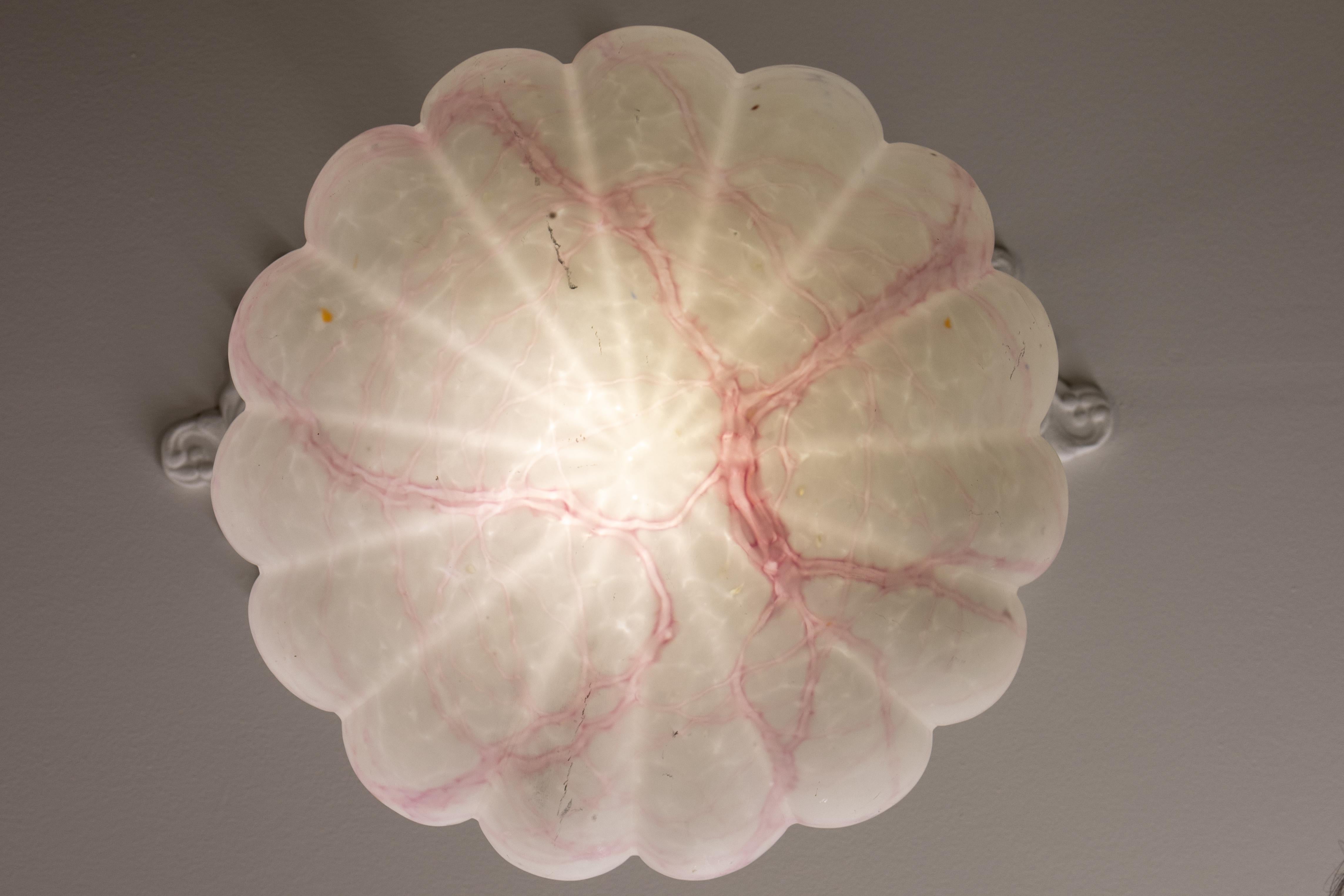 Metal Art Deco White and Pink Marbled Glass and Brass Pendant Light, 1930s For Sale