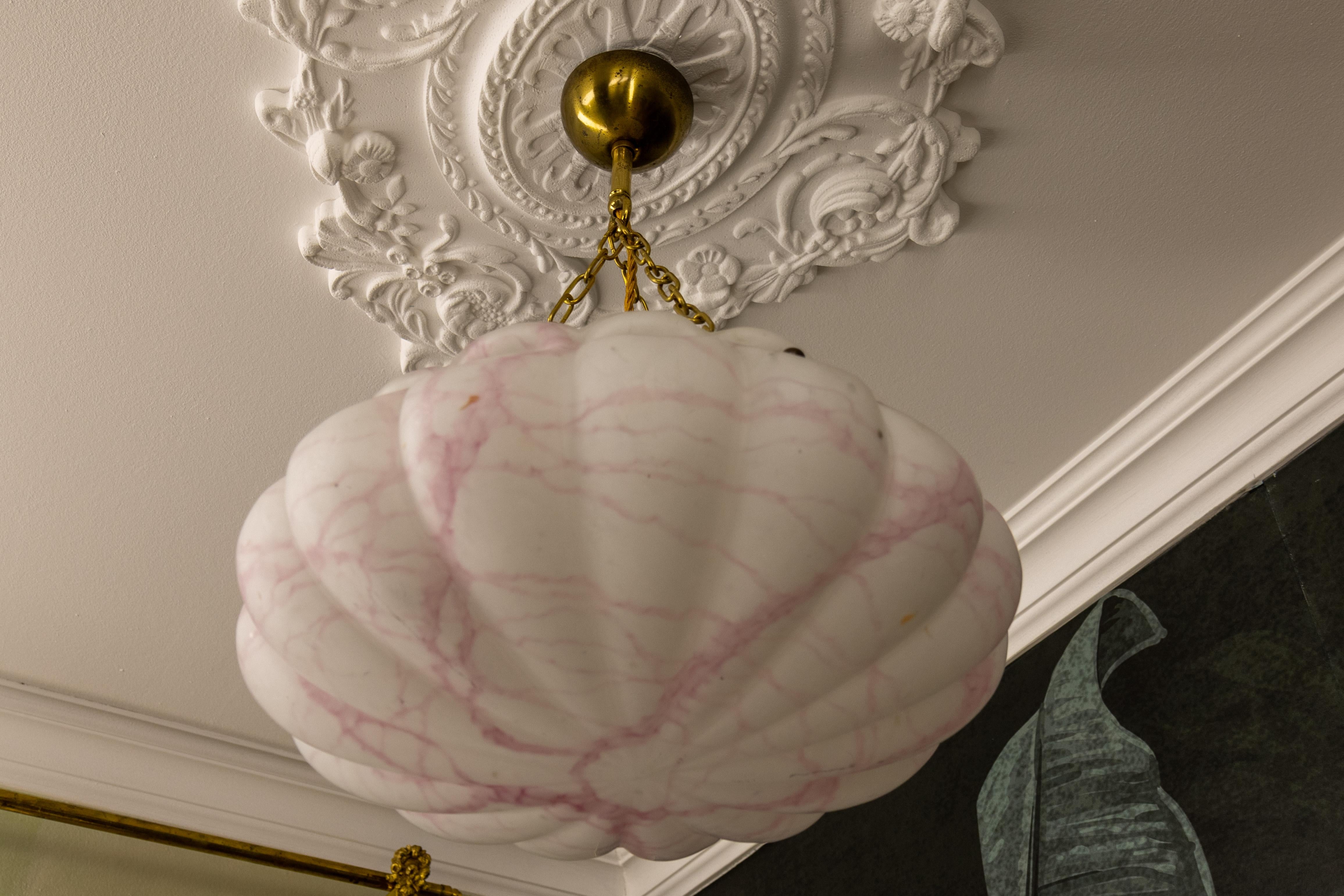 Art Deco White and Pink Marbled Glass and Brass Pendant Light, 1930s For Sale 2