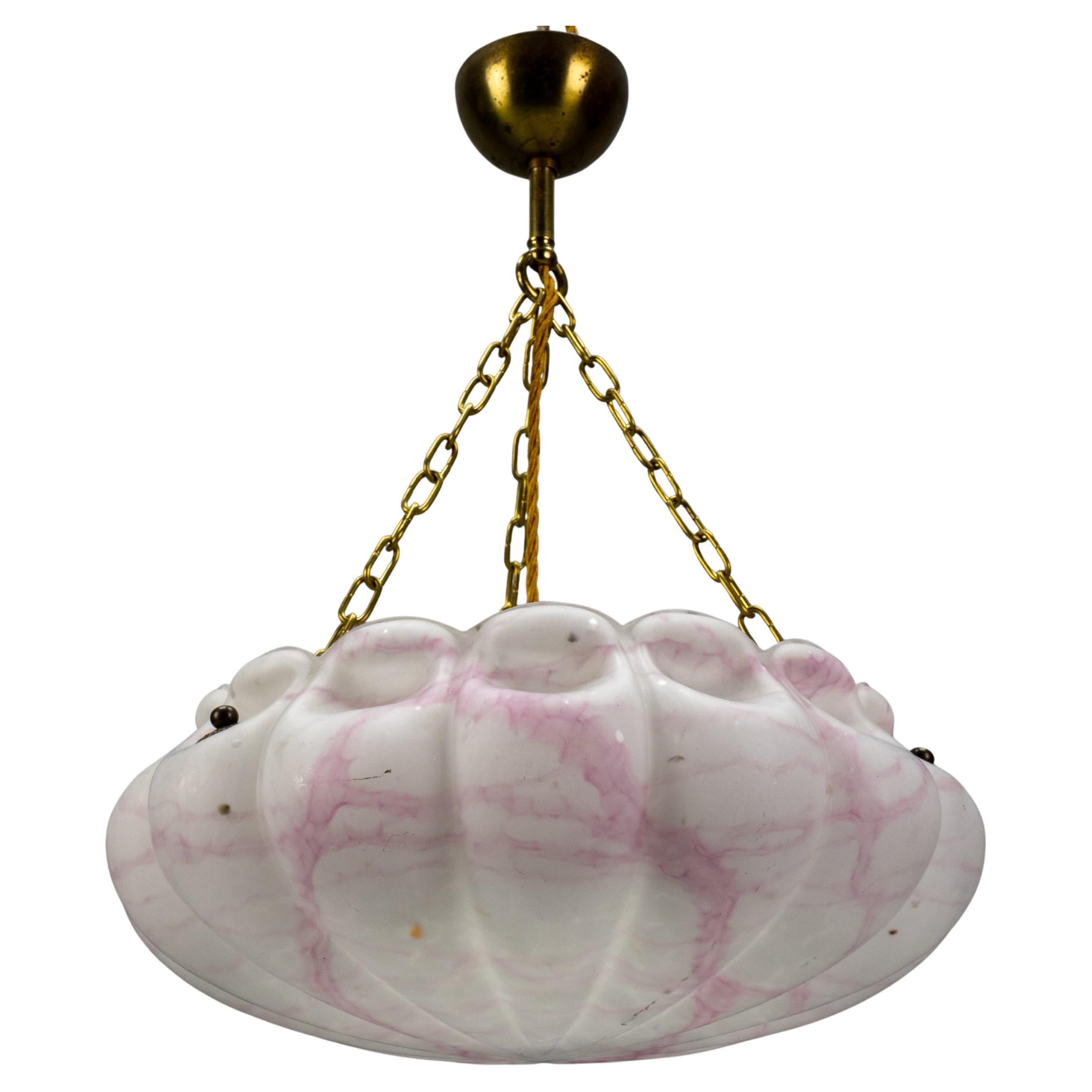 Art Deco White and Pink Marbled Glass and Brass Pendant Light, 1930s