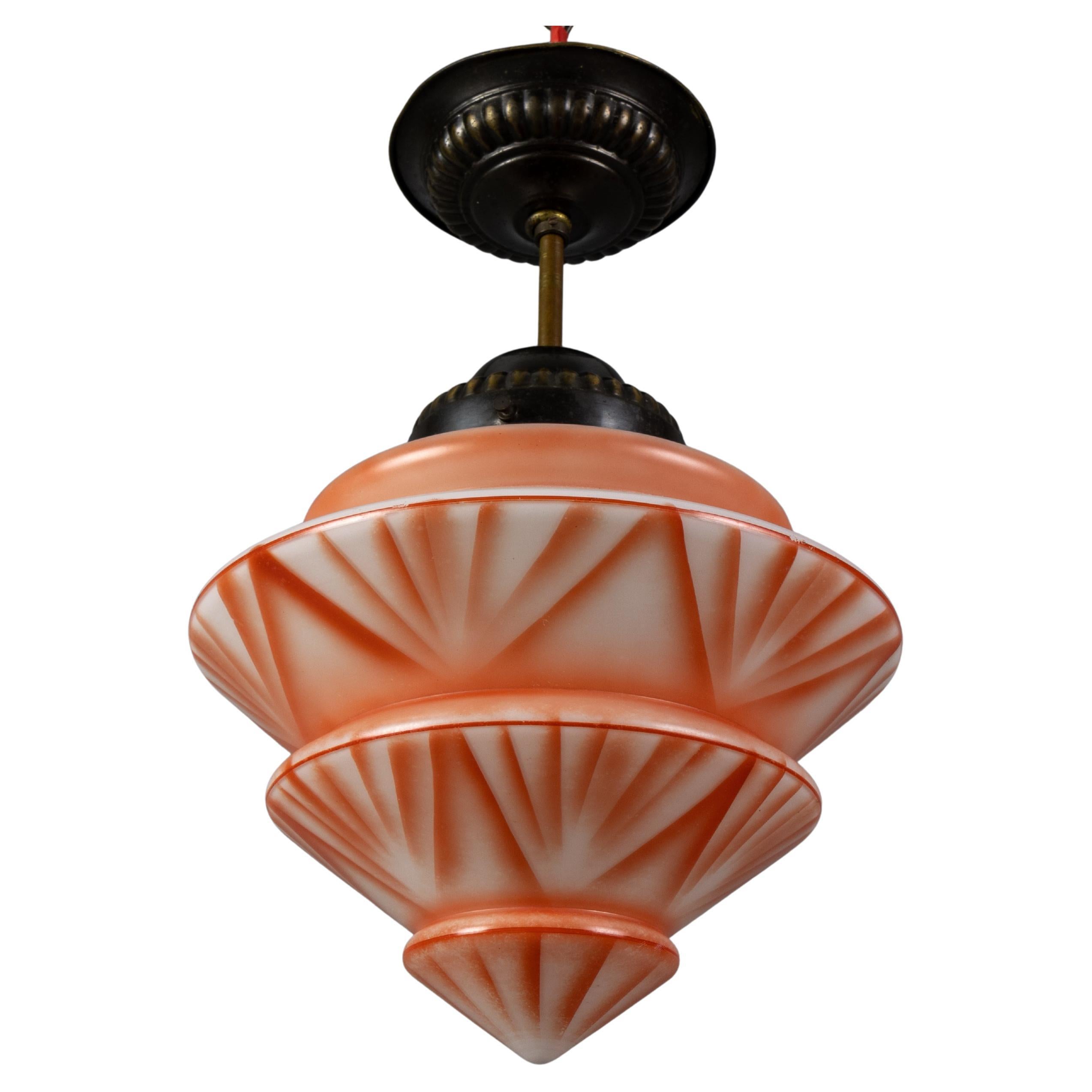 Art Deco White and Red Glass and Brass Ceiling Lamp, Germany, 1930s