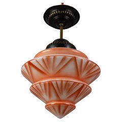 Art Deco White and Red Glass and Brass Ceiling Lamp, Germany, 1930s