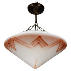 Art Deco White and Red Glass and Brass Pendant Light, 1930s