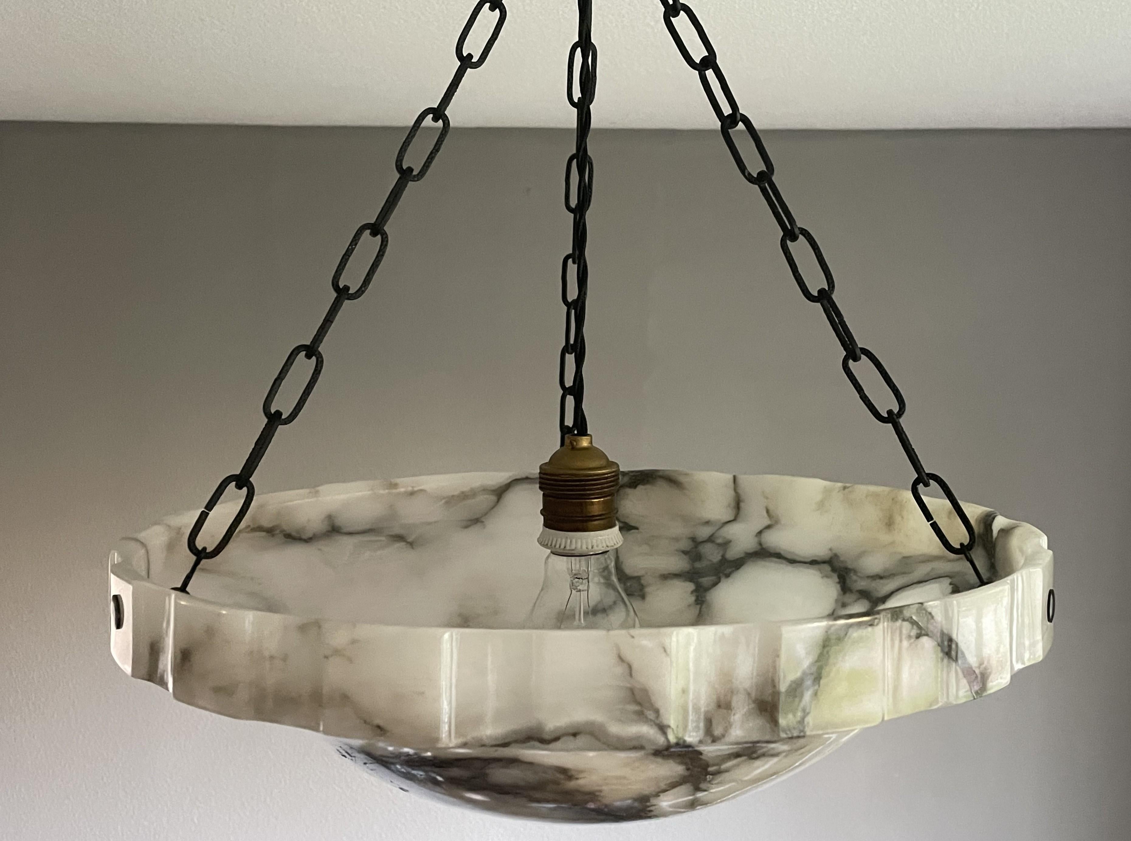 Art Deco White and Superb Black Veins Alabaster Pendant with Mint Shade & Canopy 4
