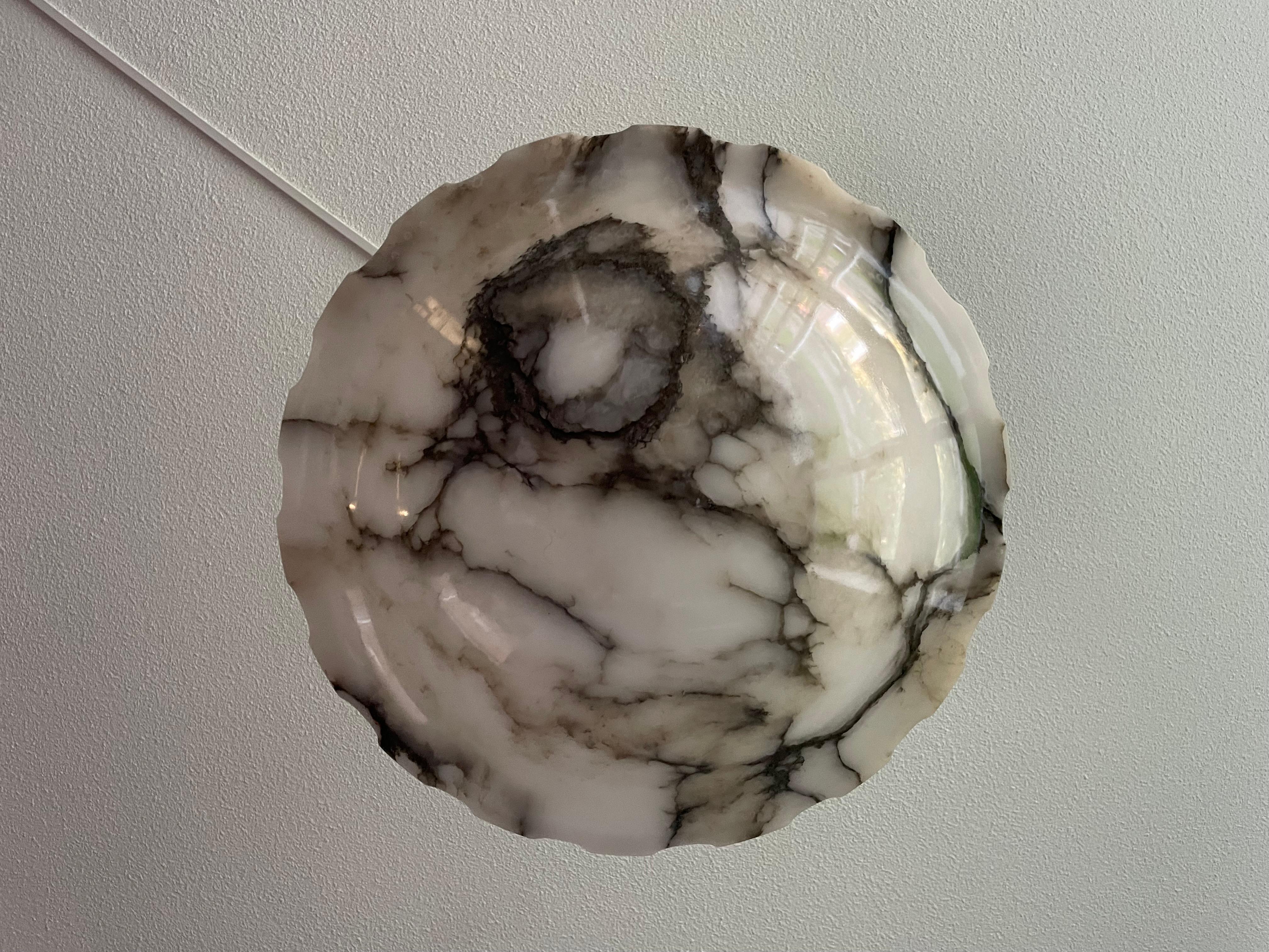 Art Deco White and Superb Black Veins Alabaster Pendant with Mint Shade & Canopy 6