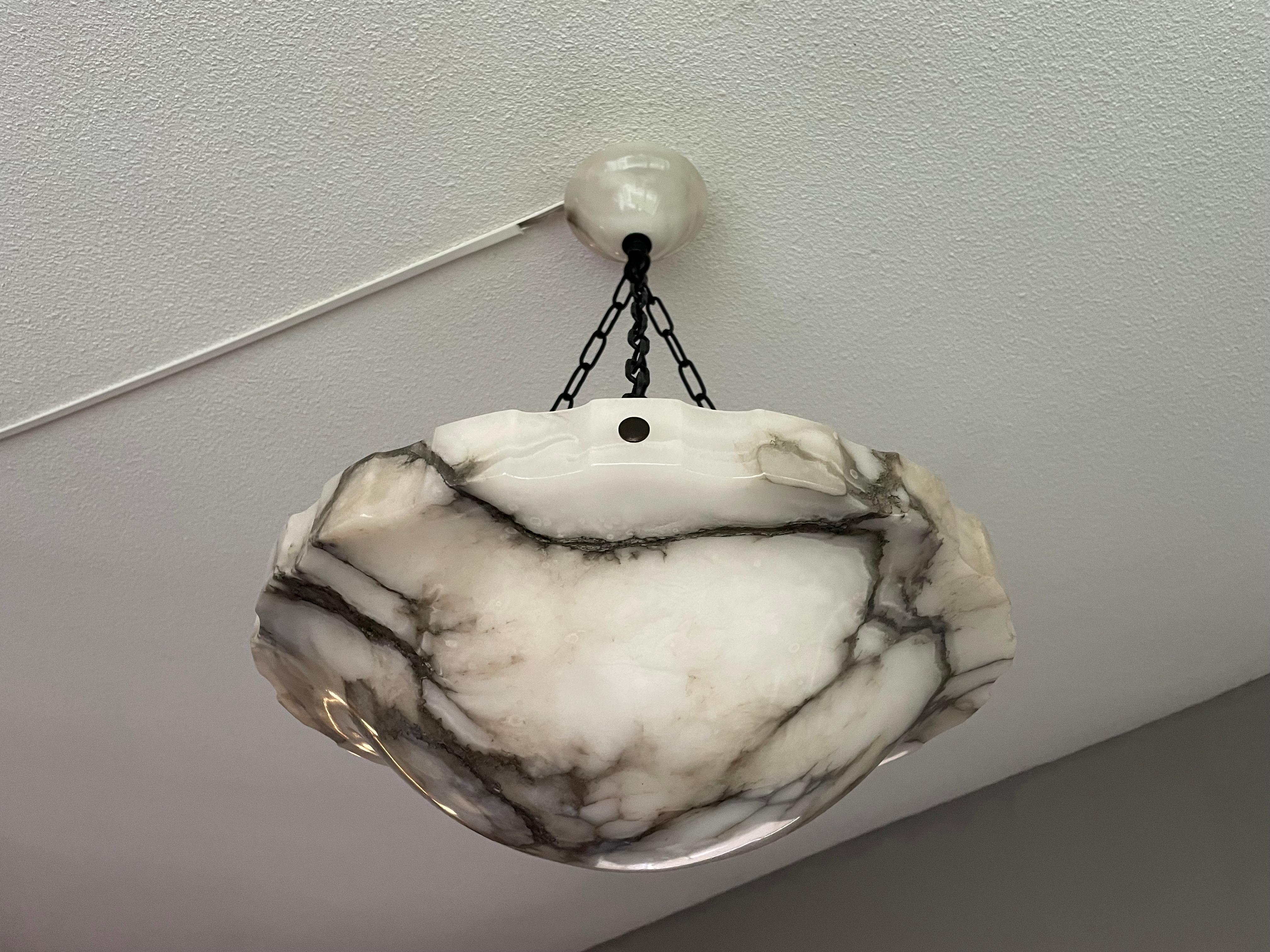 European Art Deco White and Superb Black Veins Alabaster Pendant with Mint Shade & Canopy
