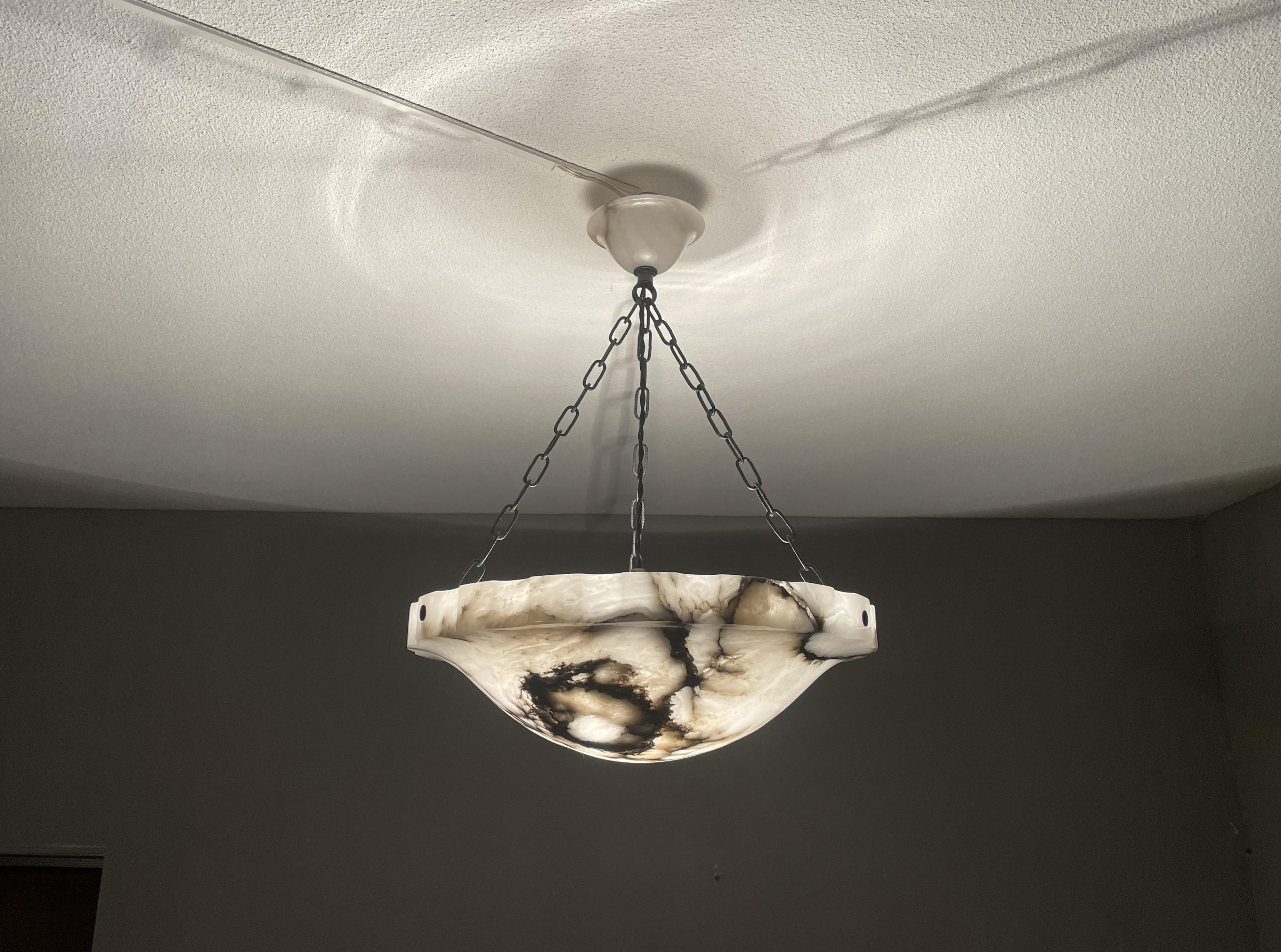 20th Century Art Deco White and Superb Black Veins Alabaster Pendant with Mint Shade & Canopy