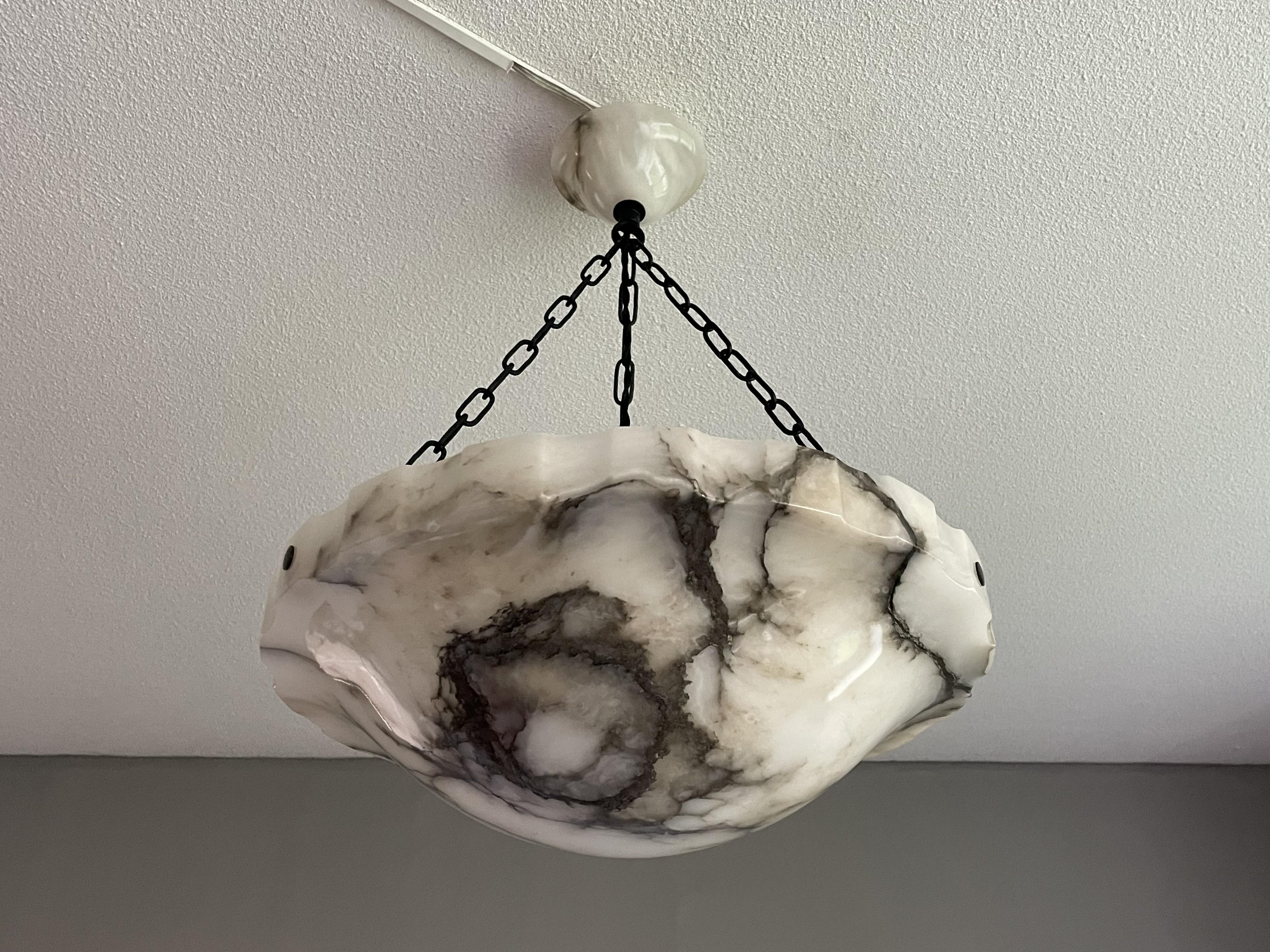 Metal Art Deco White and Superb Black Veins Alabaster Pendant with Mint Shade & Canopy