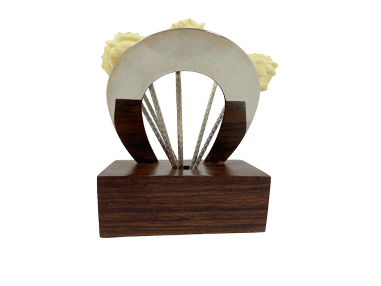 French Art Deco White Bakelite Horse Head Topped Cocktail Picks with Horseshoe Stand For Sale