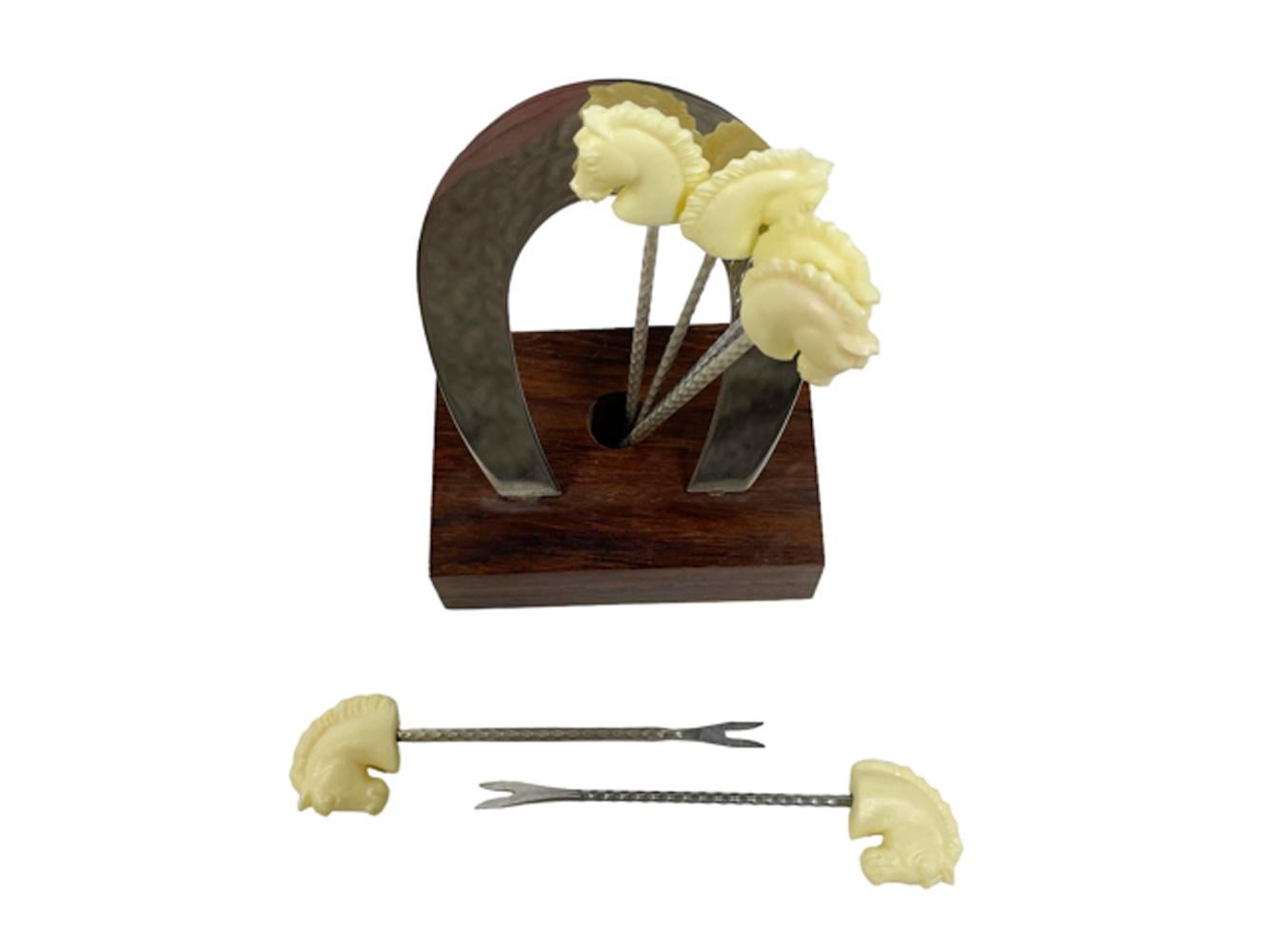 Art Deco White Bakelite Horse Head Topped Cocktail Picks with Horseshoe Stand In Good Condition For Sale In Chapel Hill, NC