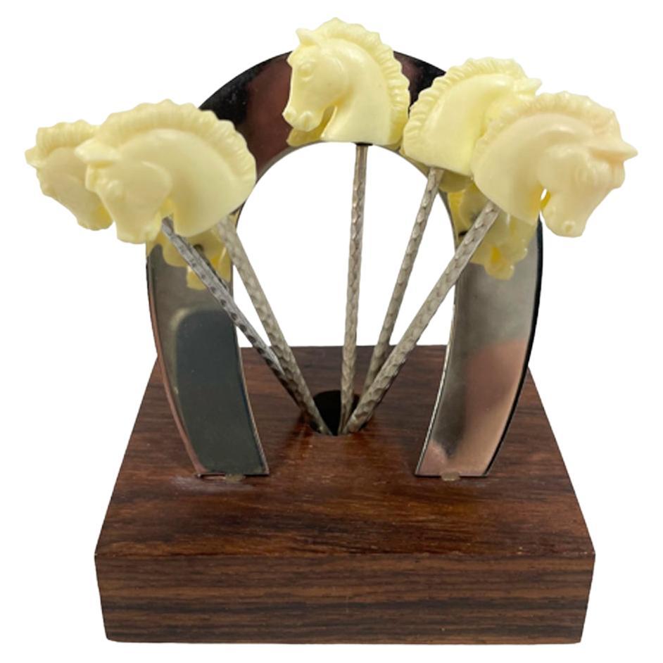 Art Deco White Bakelite Horse Head Topped Cocktail Picks with Horseshoe Stand