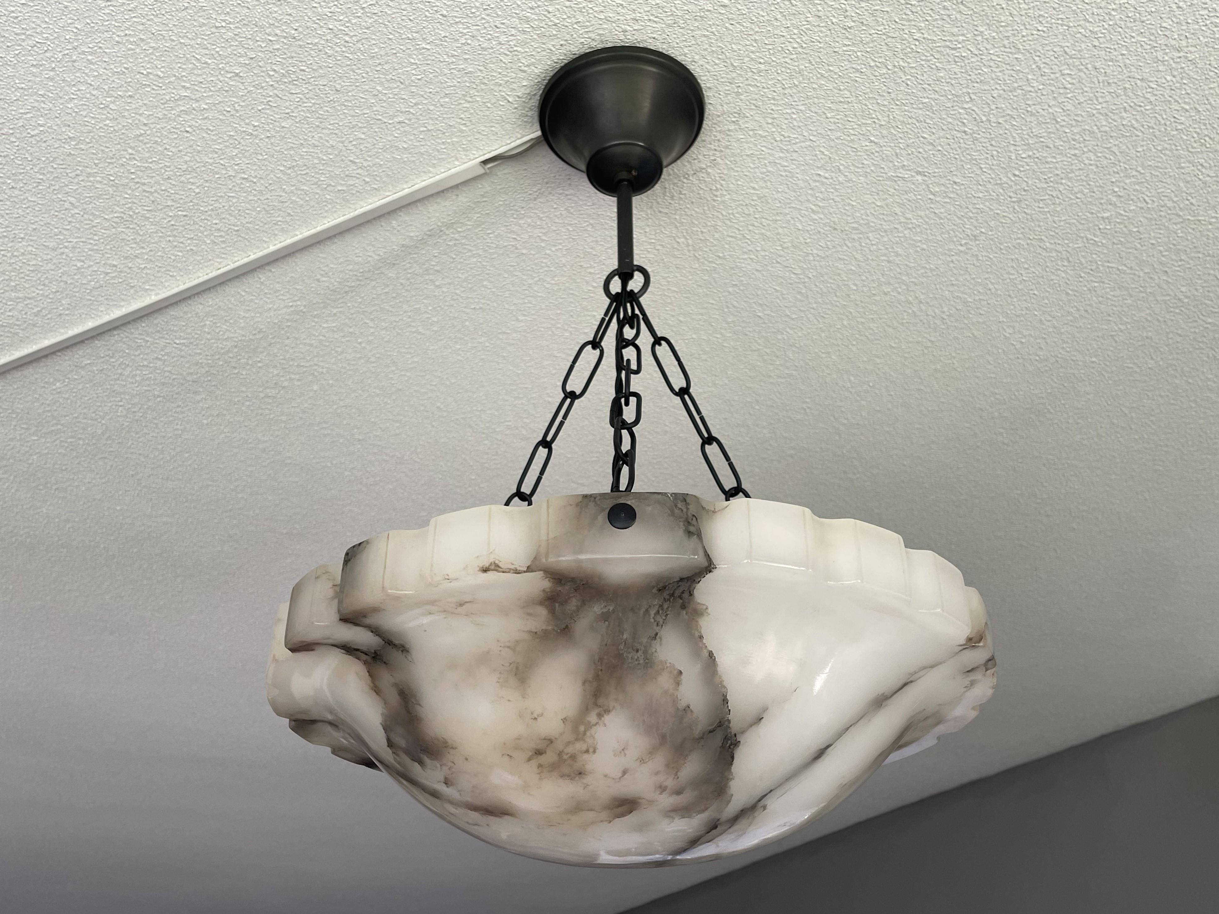 Art Deco White & Black Alabaster Pendant w. Mint Shade & Blackened Brass Canopy In Excellent Condition For Sale In Lisse, NL
