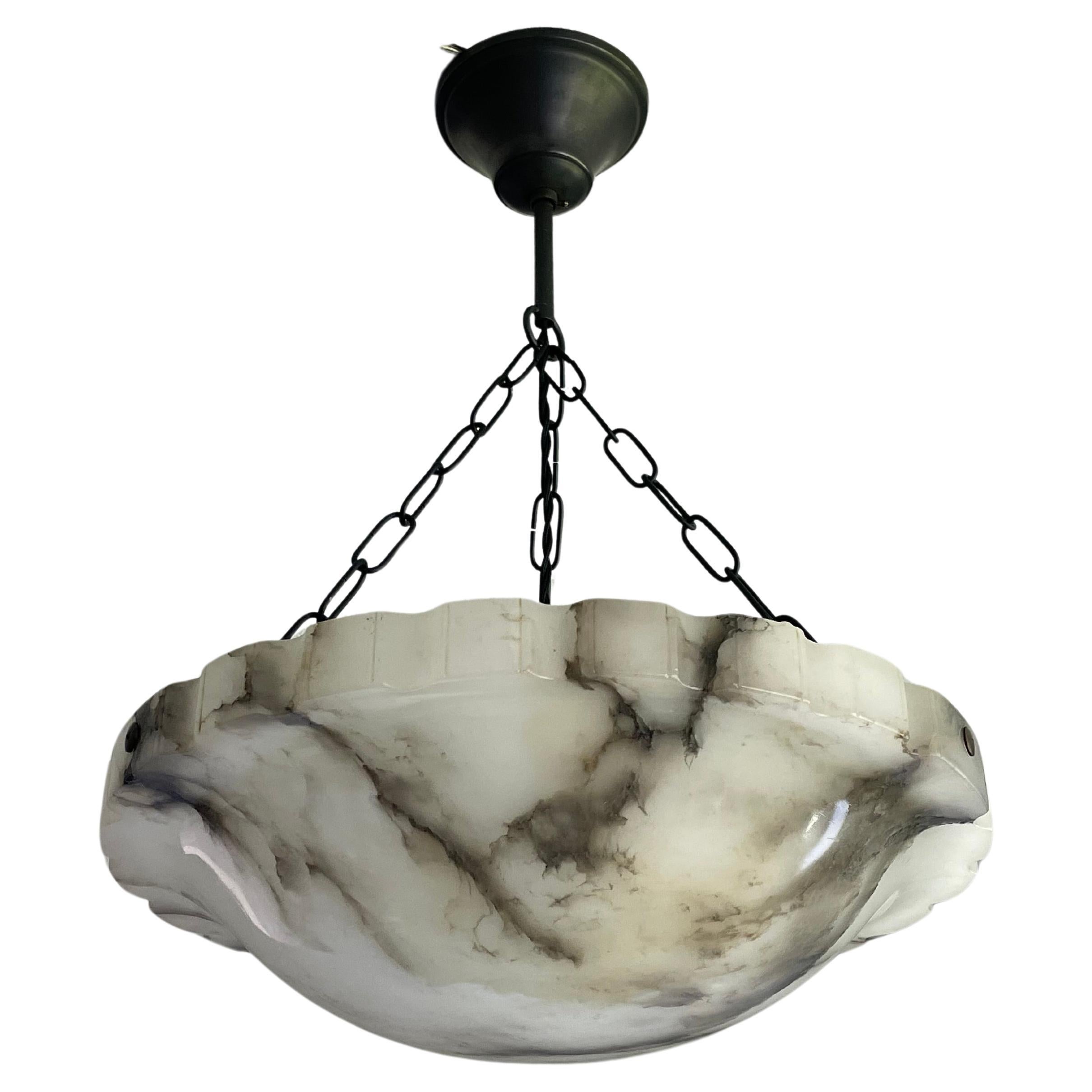 Art Deco White & Black Alabaster Pendant w. Mint Shade & Blackened Brass Canopy For Sale