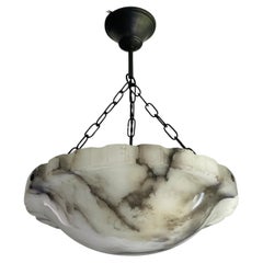 Art Deco White & Black Alabaster Pendant w. Mint Shade & Blackened Brass Canopy