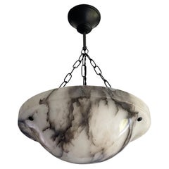 Antique Art Deco White & Black Alabaster Pendant w. Mint Shade & Blackened Brass Canopy