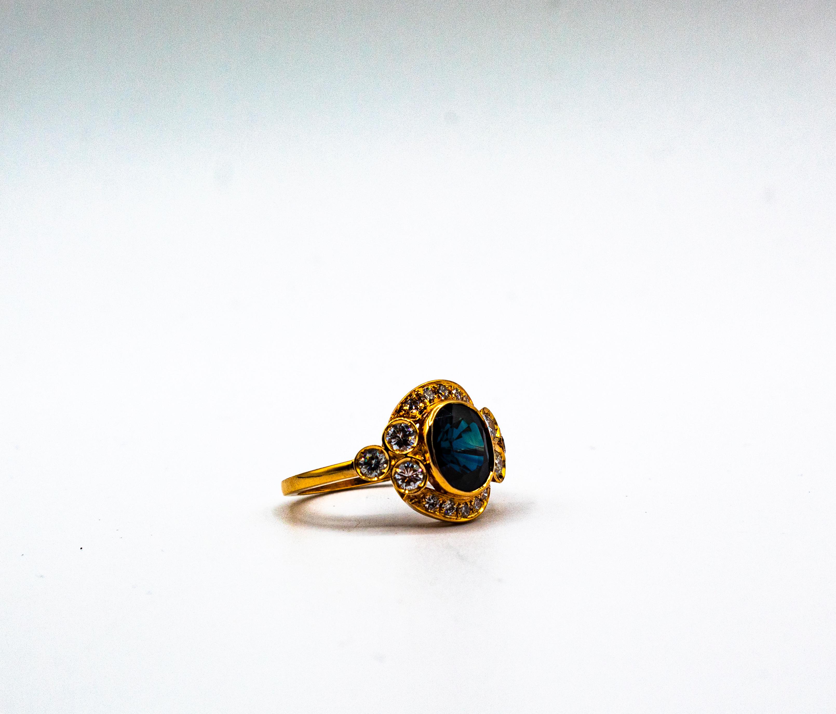 Anello da cocktail in oro giallo Art Deco con diamante bianco taglio brillante e zaffiro blu in vendita 6
