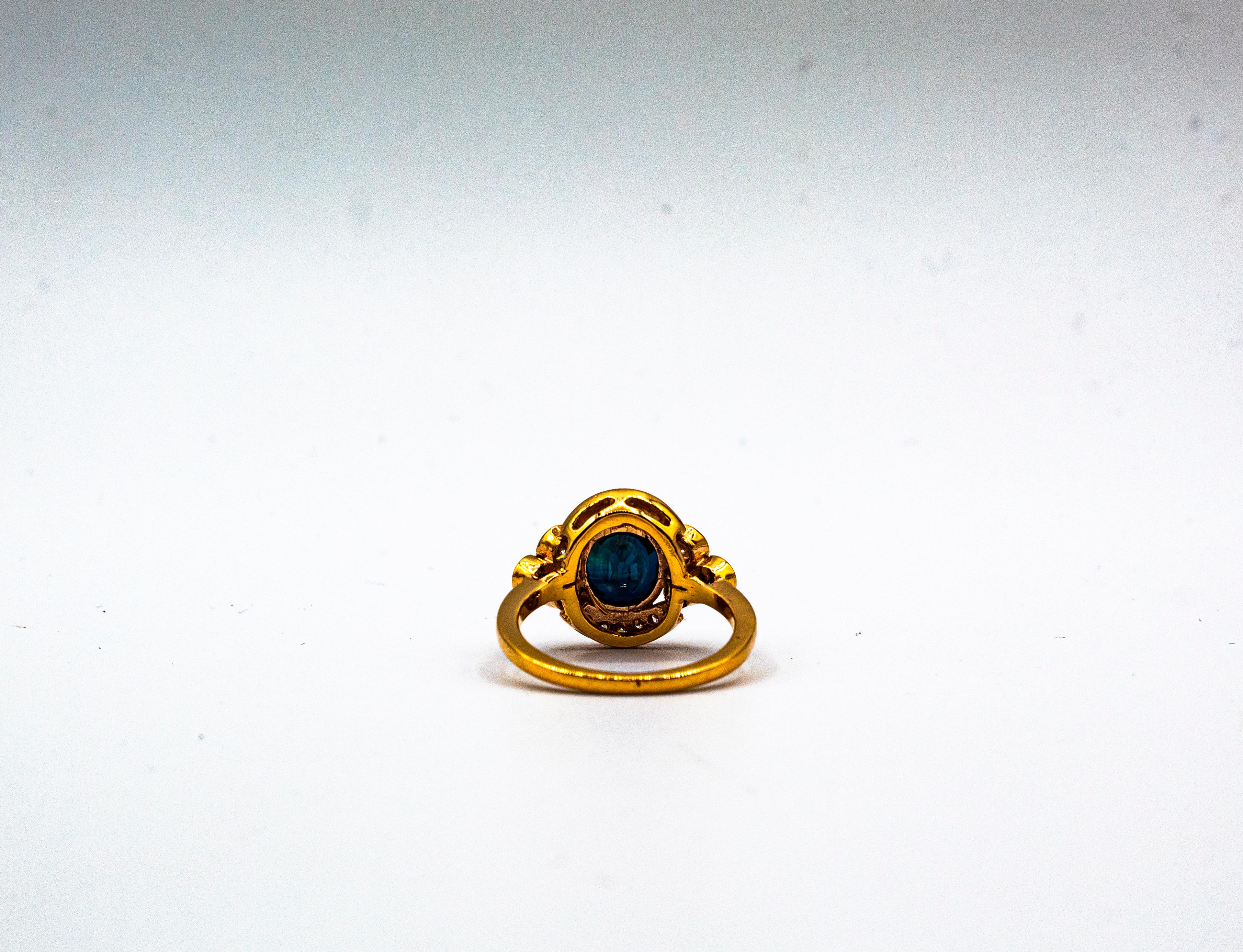 Anello da cocktail in oro giallo Art Deco con diamante bianco taglio brillante e zaffiro blu in vendita 7