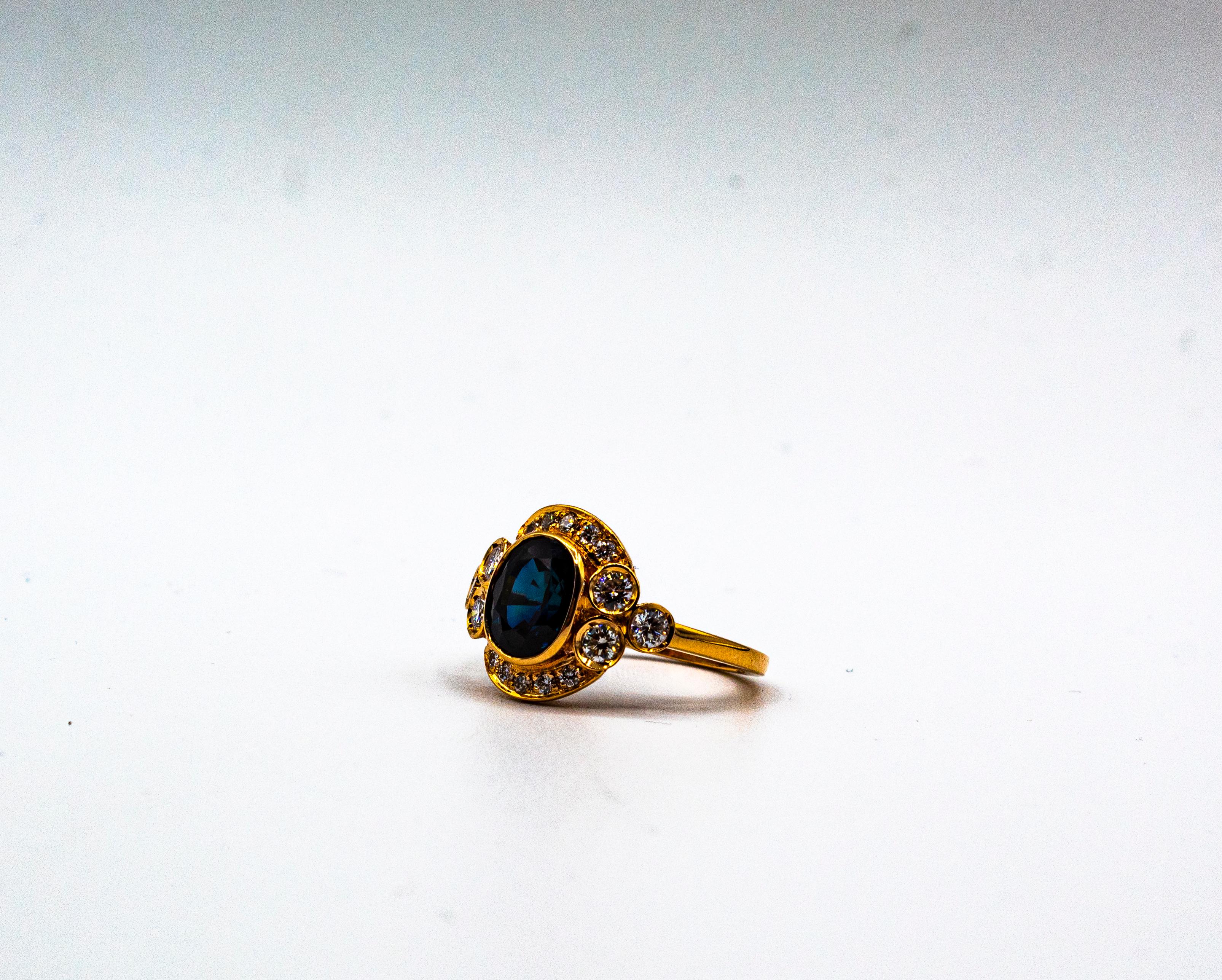 Anello da cocktail in oro giallo Art Deco con diamante bianco taglio brillante e zaffiro blu in vendita 8