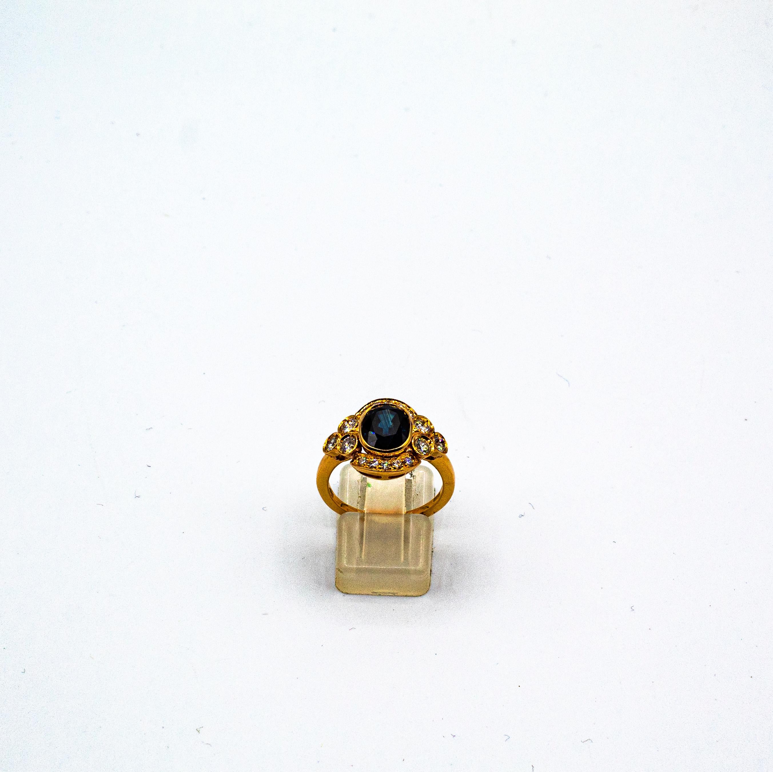 Art Deco White Brilliant Cut Diamond Blue Sapphire Yellow Gold Cocktail Ring In New Condition In Naples, IT