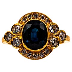 Art Deco White Brilliant Cut Diamond Blue Sapphire Yellow Gold Cocktail Ring Art Deco White Brilliant Cut Diamond Blue Sapphire Yellow Gold Cocktail Ring
