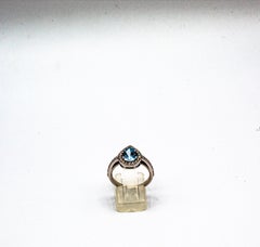 Art Deco White Brilliant Cut Zircon Aquamarine White Gold Plate Cocktail Ring