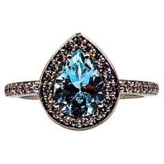Art Deco White Brilliante Cut Zircon Aquamarine White Gold Plate Cocktail Ring