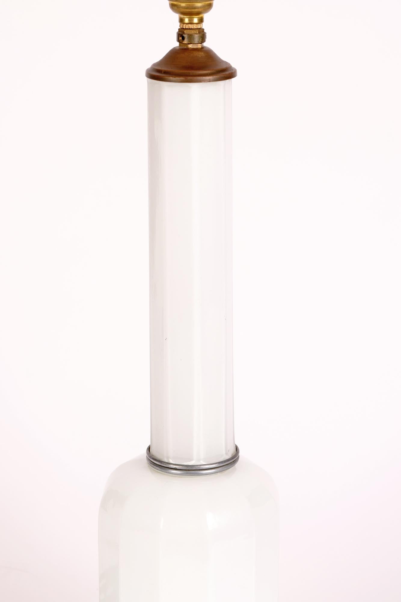 Brass Art Deco White Cased Glass Column Form Lamp Base For Sale