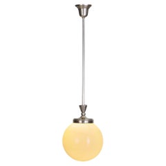 Antique Art Deco White Chrome Metal and Opal Glass Hanging Lamp, Europe ca 1920s