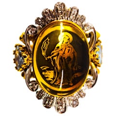 Art Deco Style Diamond Customizable Background Citrine Yellow Gold Cocktail Ring