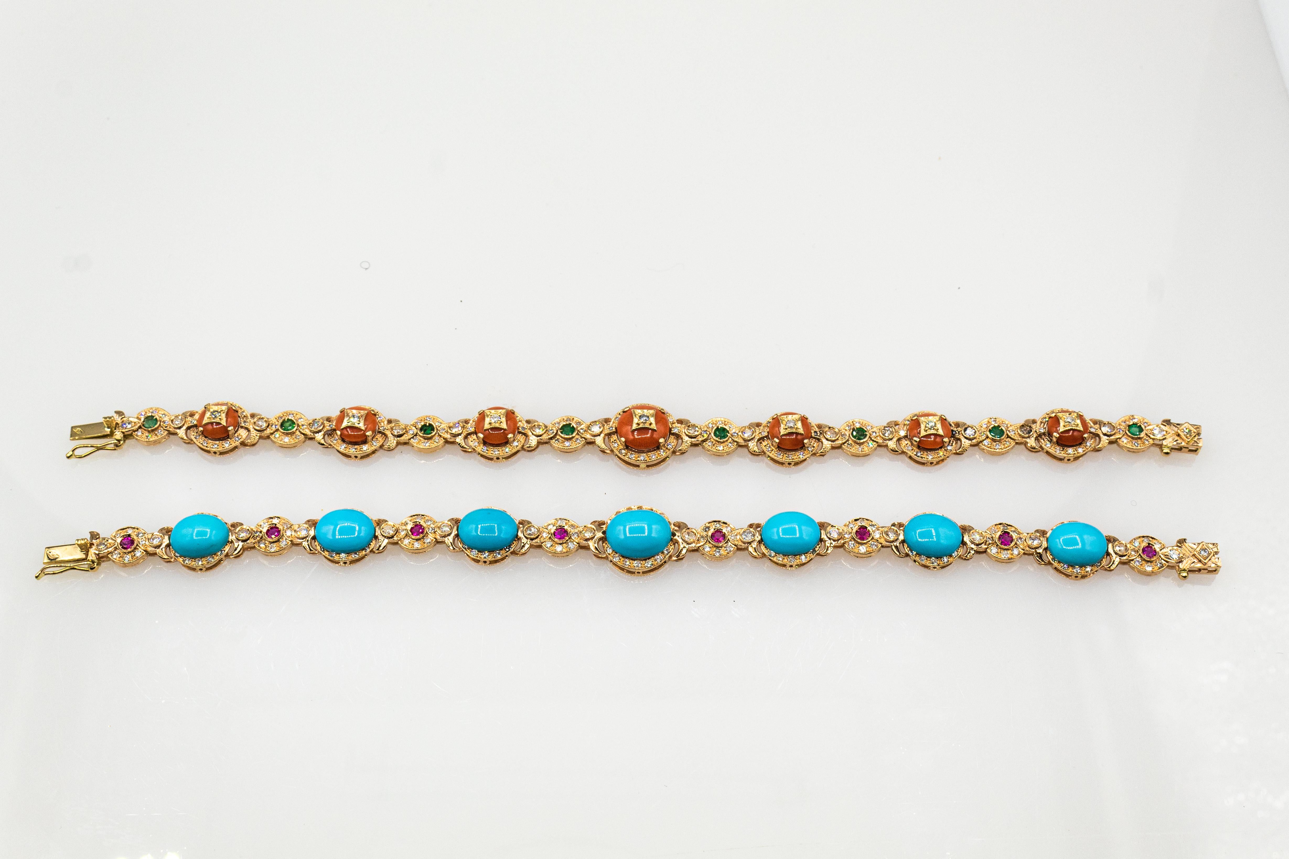 Art Deco White Diamond Emerald Mediterranean Red Coral Yellow Gold Bracelet 5