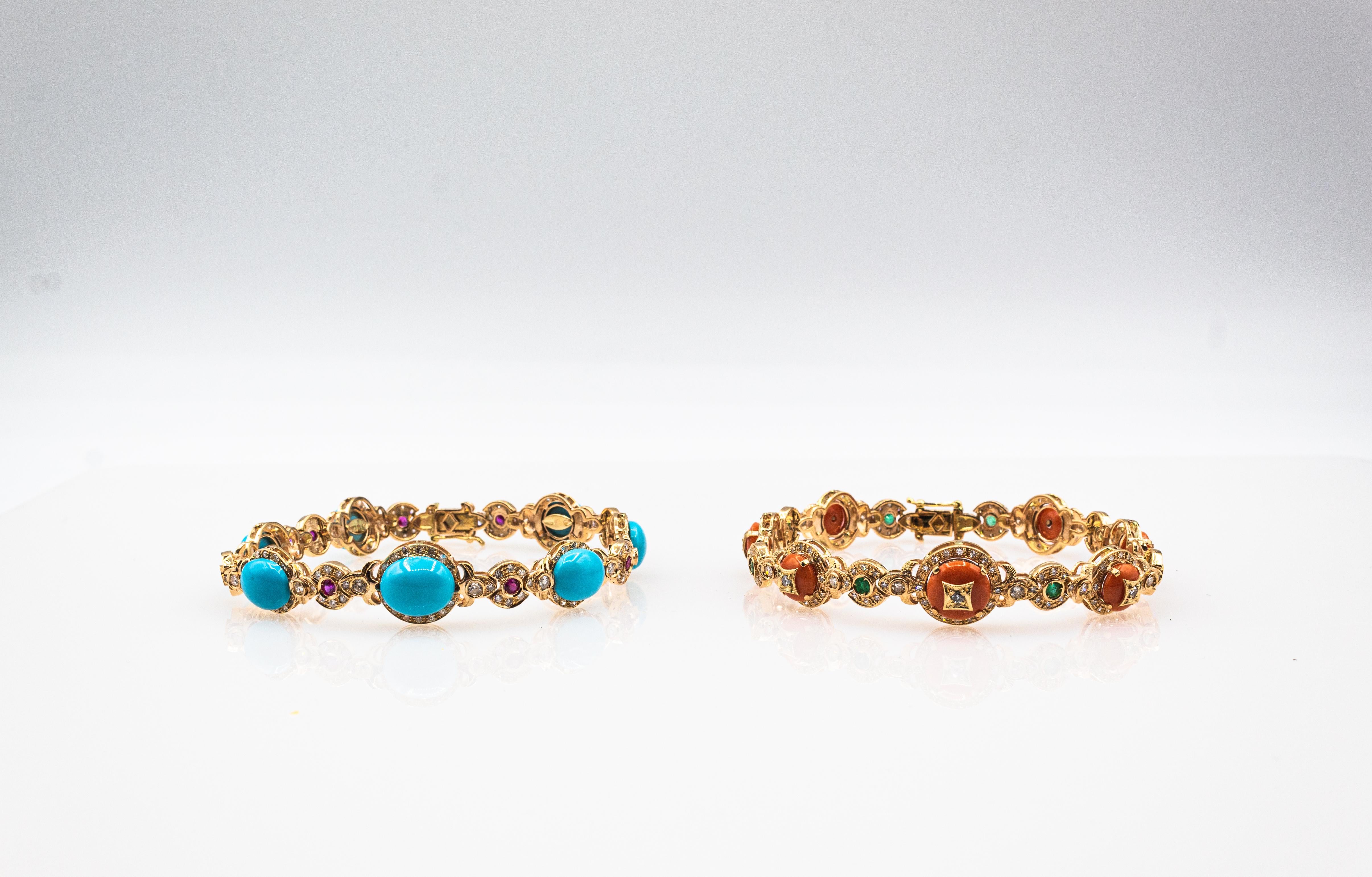 Art Deco White Diamond Emerald Mediterranean Red Coral Yellow Gold Bracelet 6