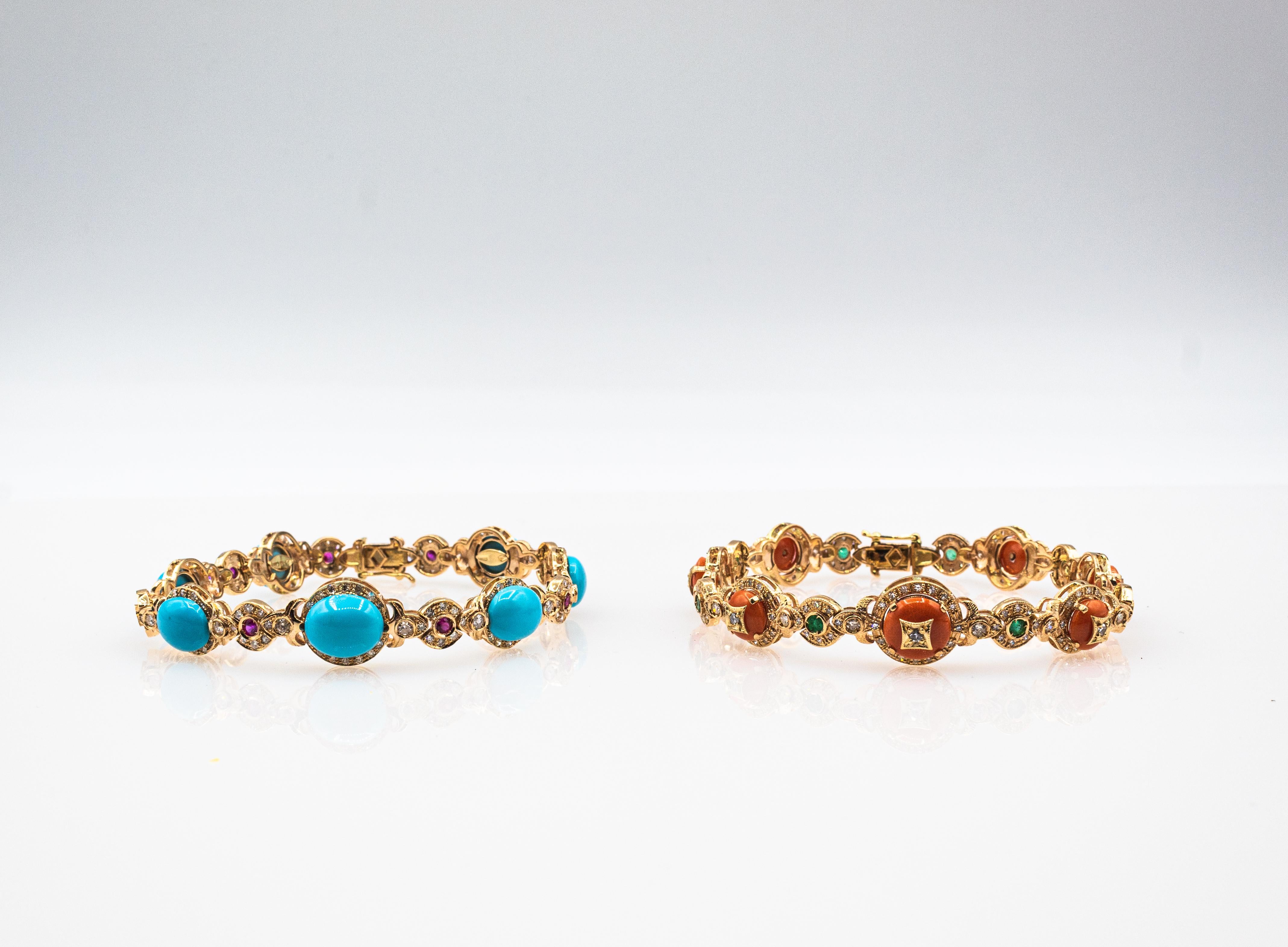 Art Deco White Diamond Emerald Mediterranean Red Coral Yellow Gold Bracelet For Sale 7