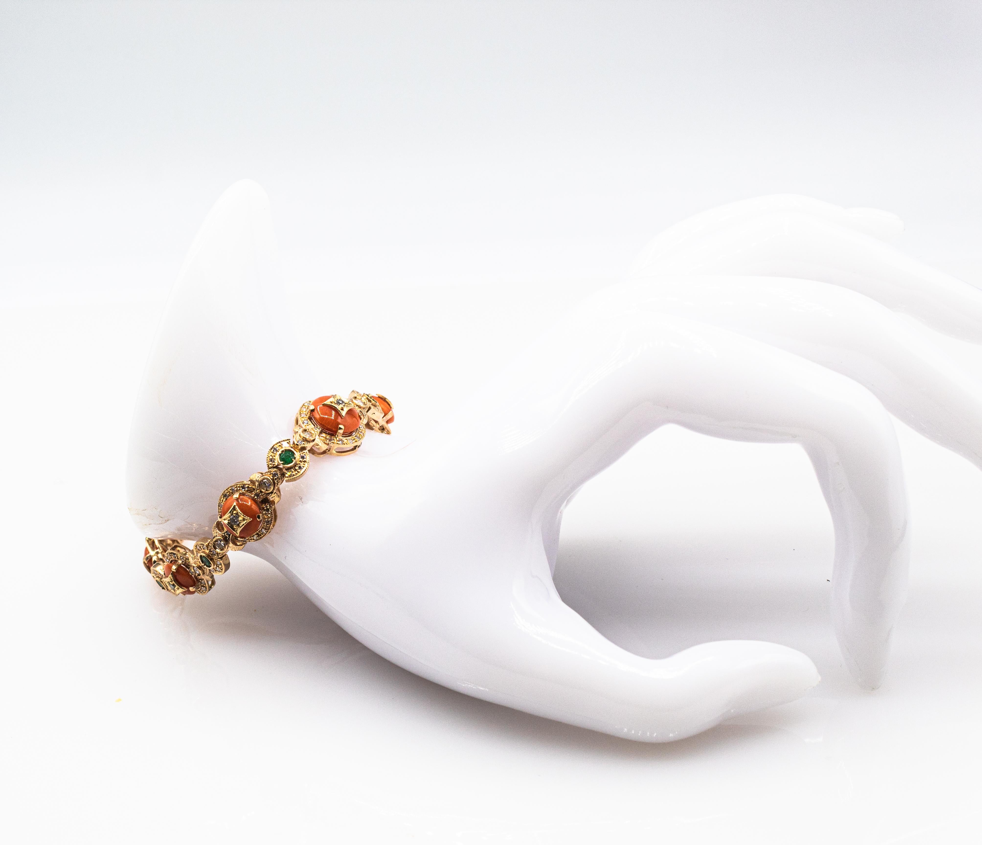 Art Deco White Diamond Emerald Mediterranean Red Coral Yellow Gold Bracelet 8