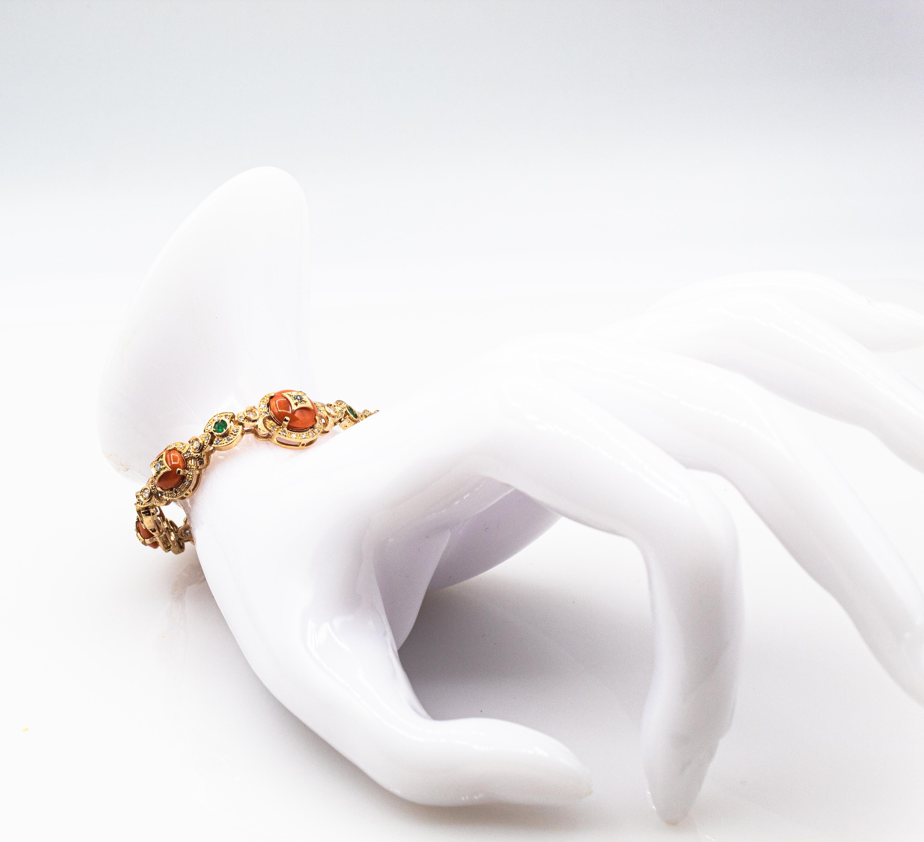 Art Deco White Diamond Emerald Mediterranean Red Coral Yellow Gold Bracelet For Sale 9