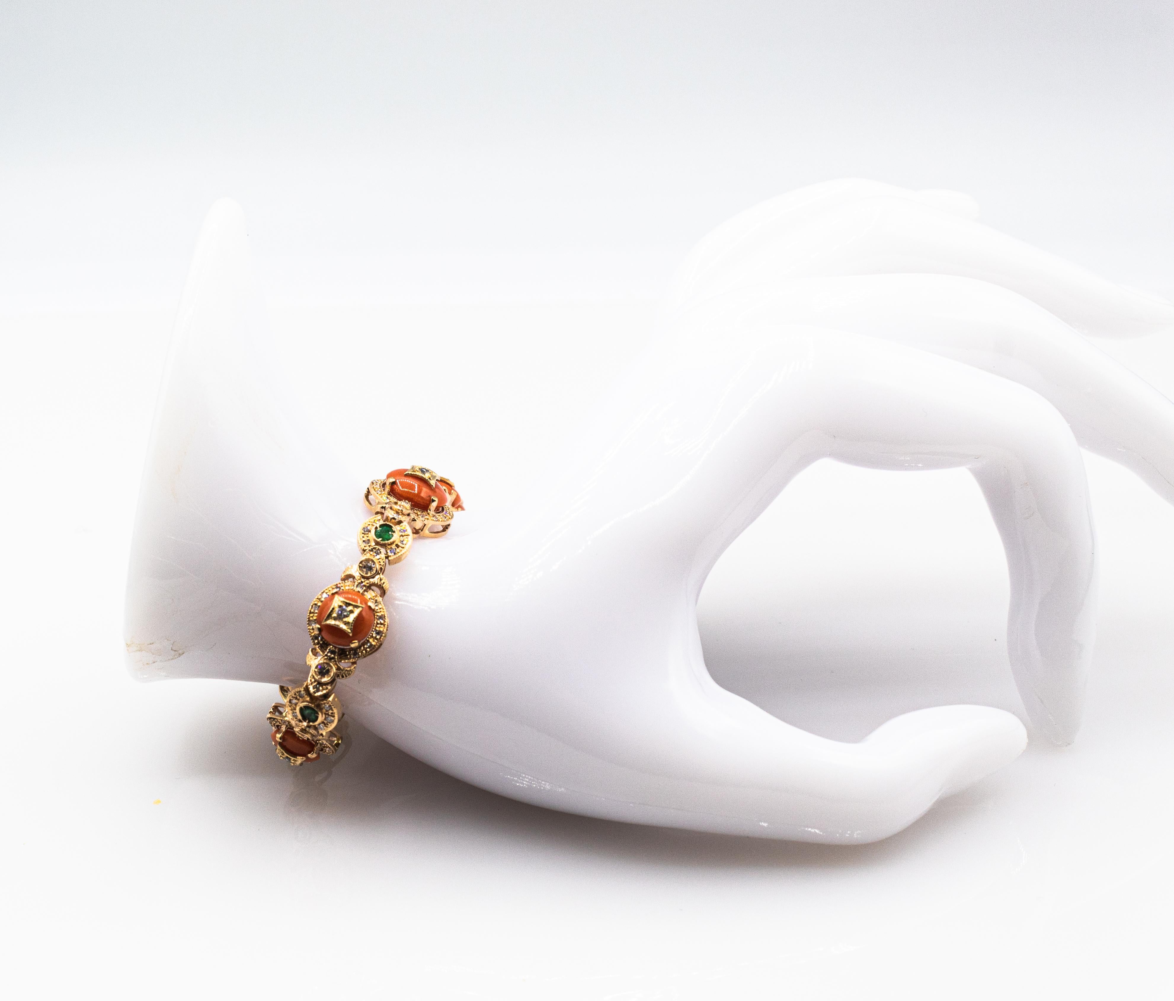 Art Deco White Diamond Emerald Mediterranean Red Coral Yellow Gold Bracelet For Sale 10