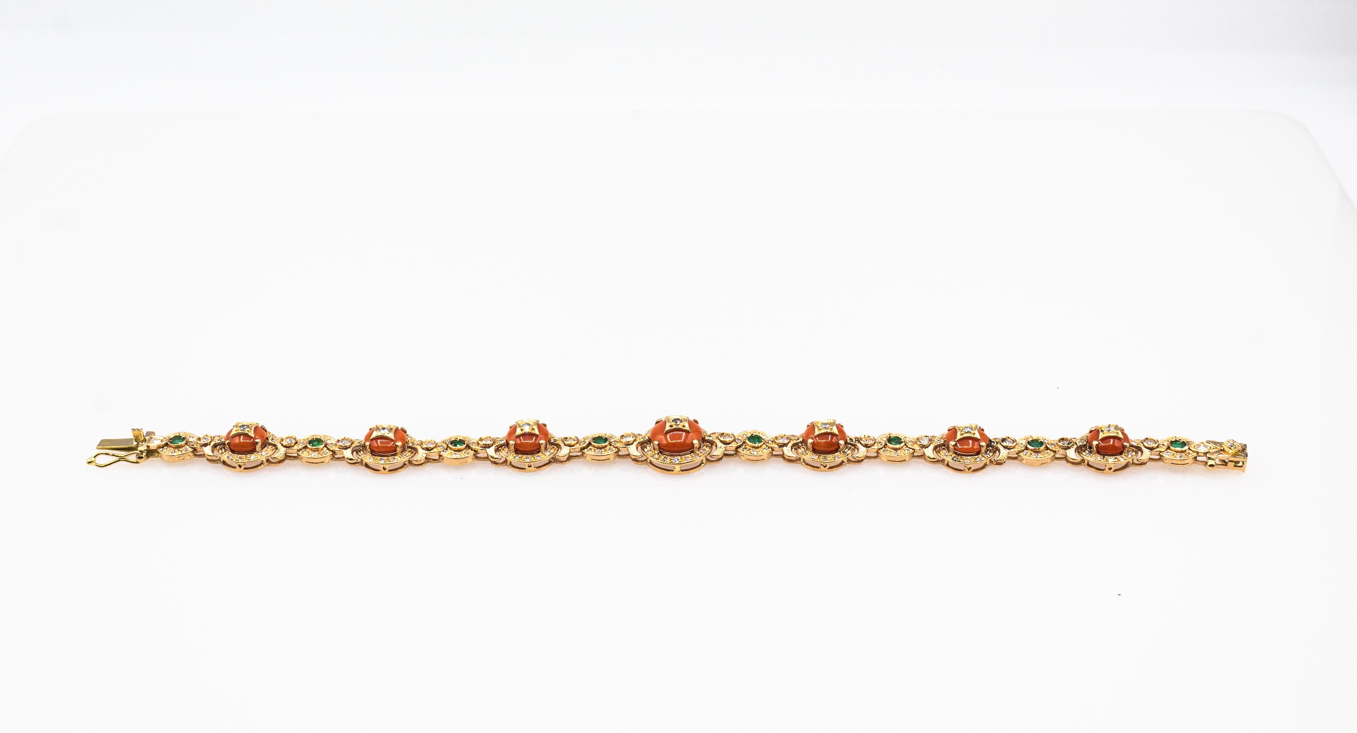 Brilliant Cut Art Deco White Diamond Emerald Mediterranean Red Coral Yellow Gold Bracelet For Sale