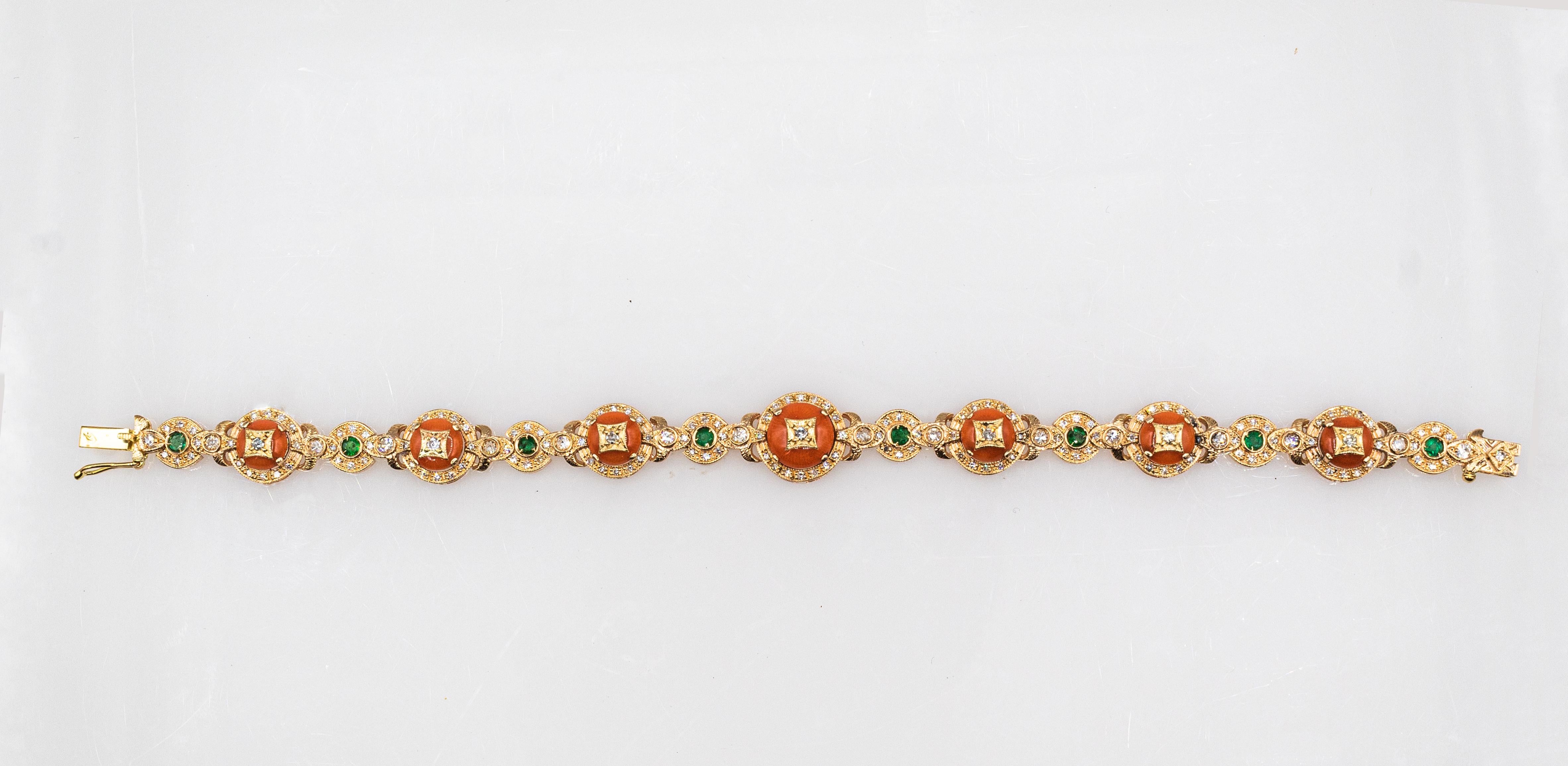 Women's or Men's Art Deco White Diamond Emerald Mediterranean Red Coral Yellow Gold Bracelet For Sale