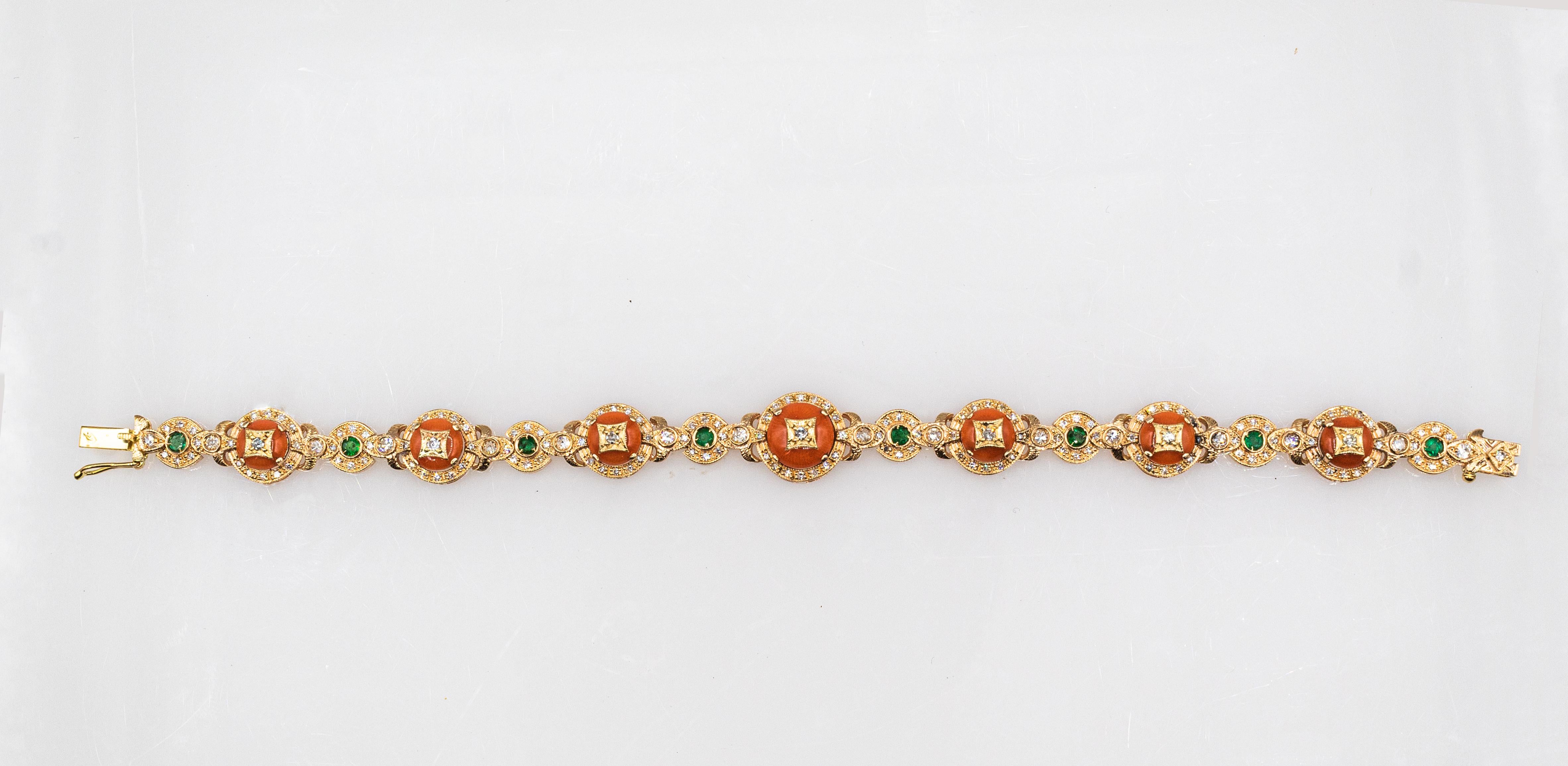 Women's or Men's Art Deco White Diamond Emerald Mediterranean Red Coral Yellow Gold Bracelet
