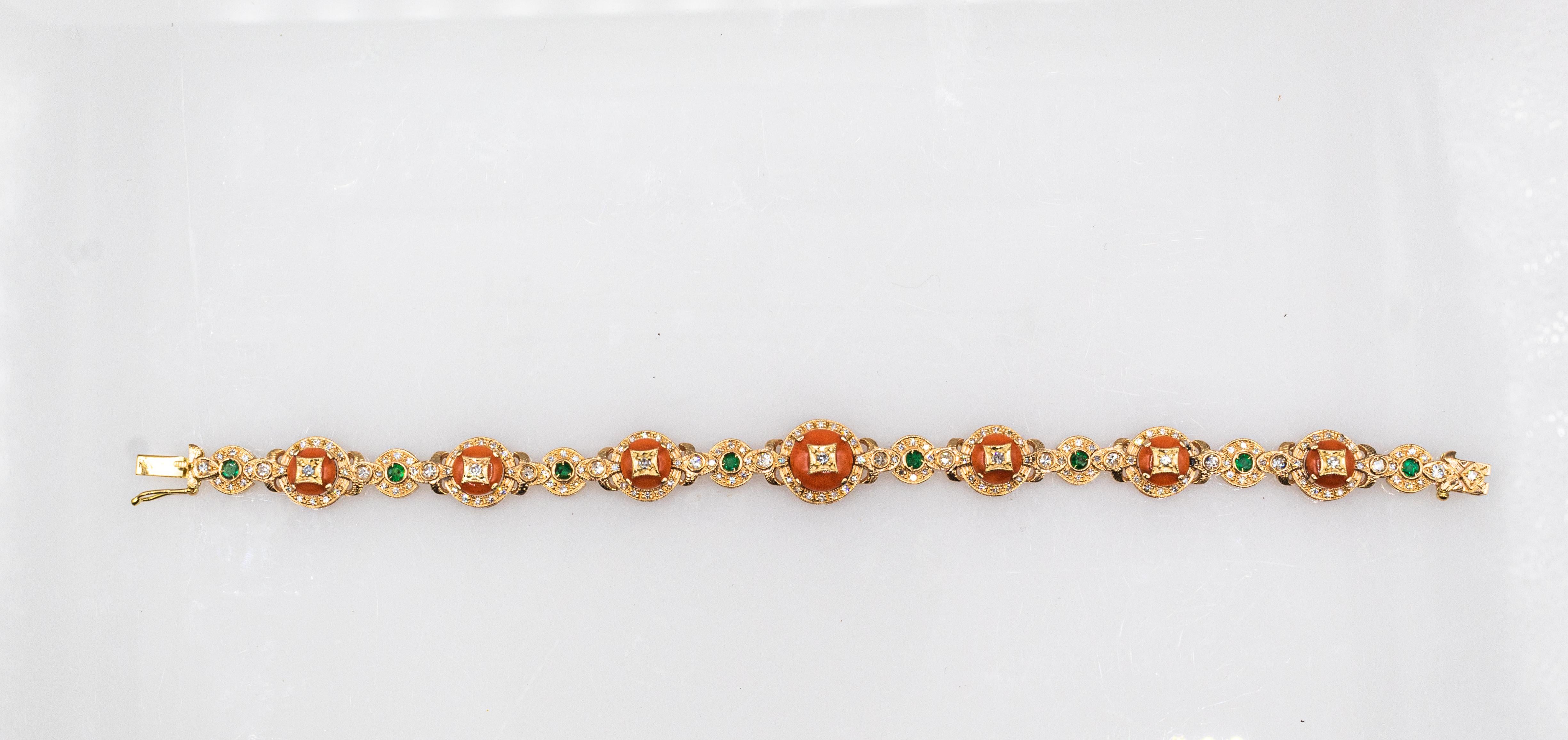 Art Deco White Diamond Emerald Mediterranean Red Coral Yellow Gold Bracelet For Sale 1