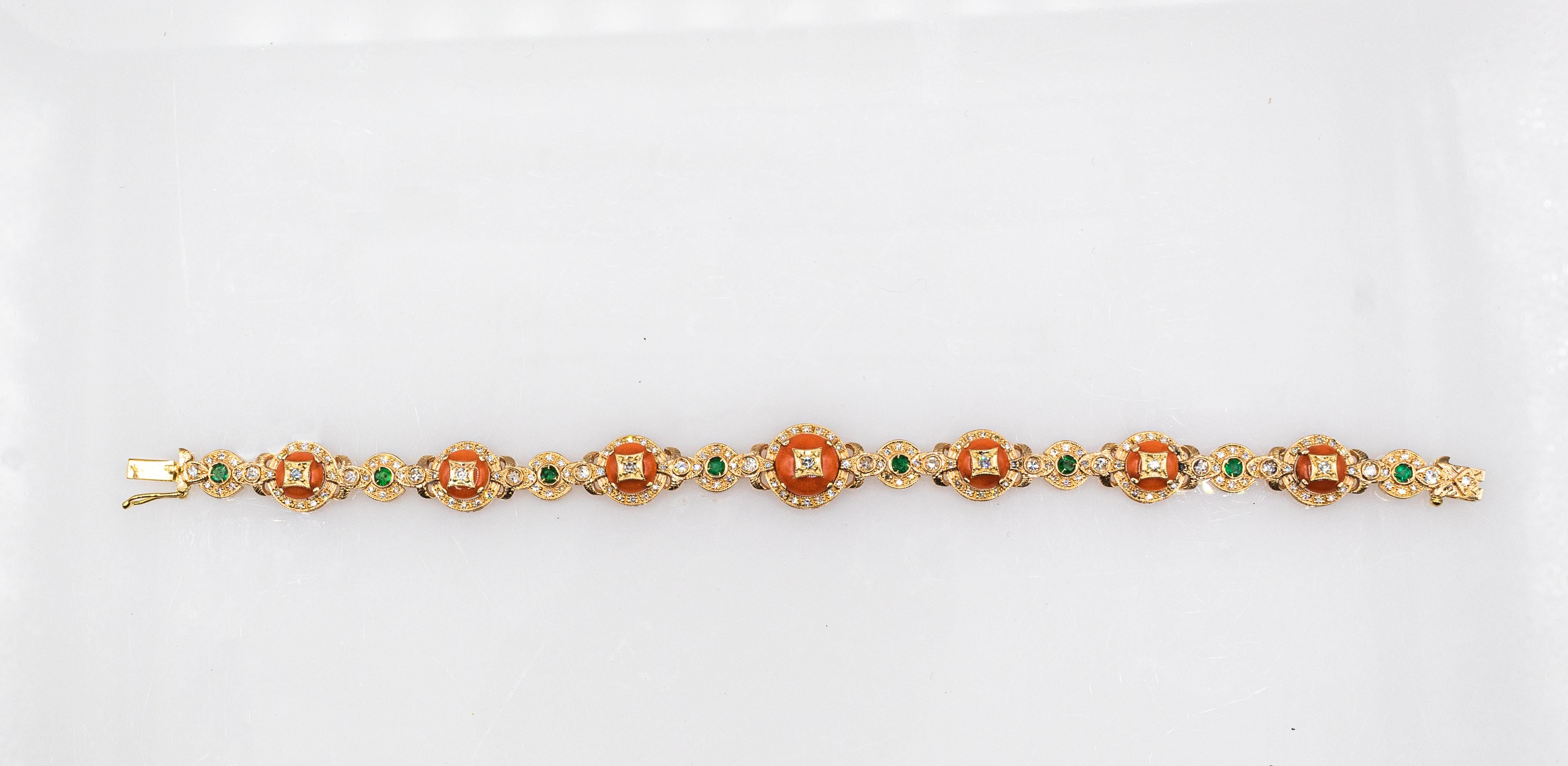 Art Deco White Diamond Emerald Mediterranean Red Coral Yellow Gold Bracelet For Sale 2
