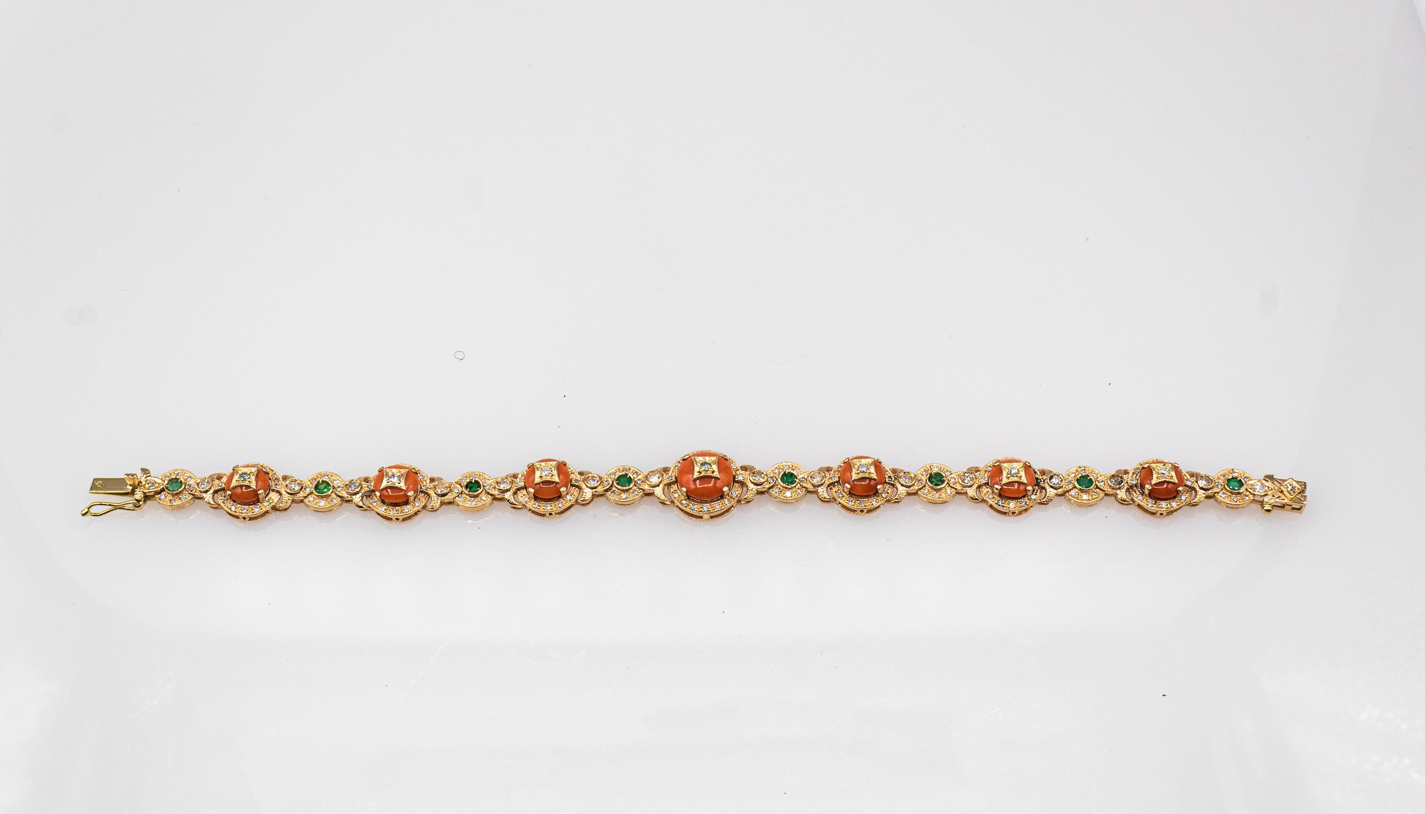 Art Deco White Diamond Emerald Mediterranean Red Coral Yellow Gold Bracelet For Sale 3