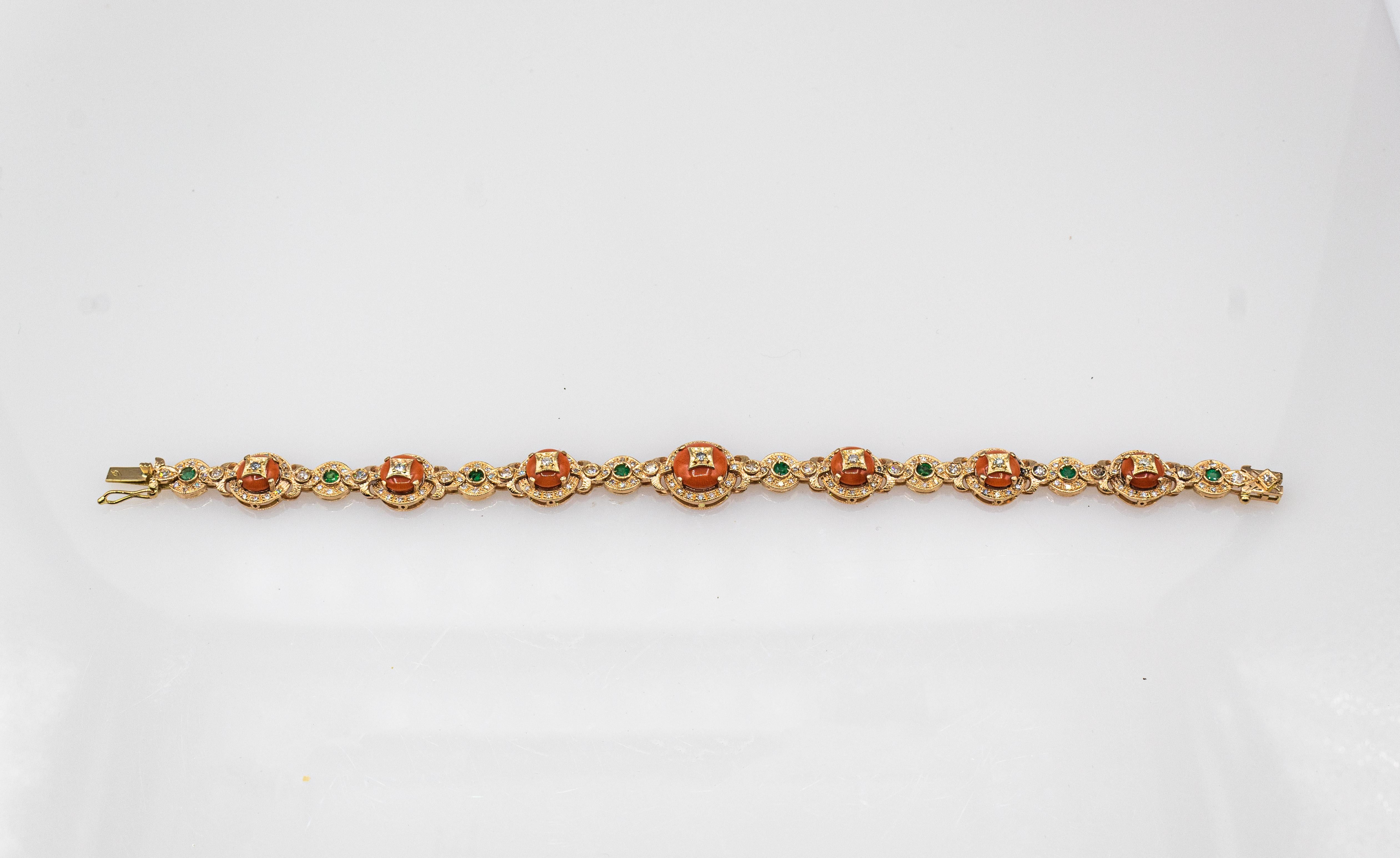 Art Deco White Diamond Emerald Mediterranean Red Coral Yellow Gold Bracelet For Sale 4