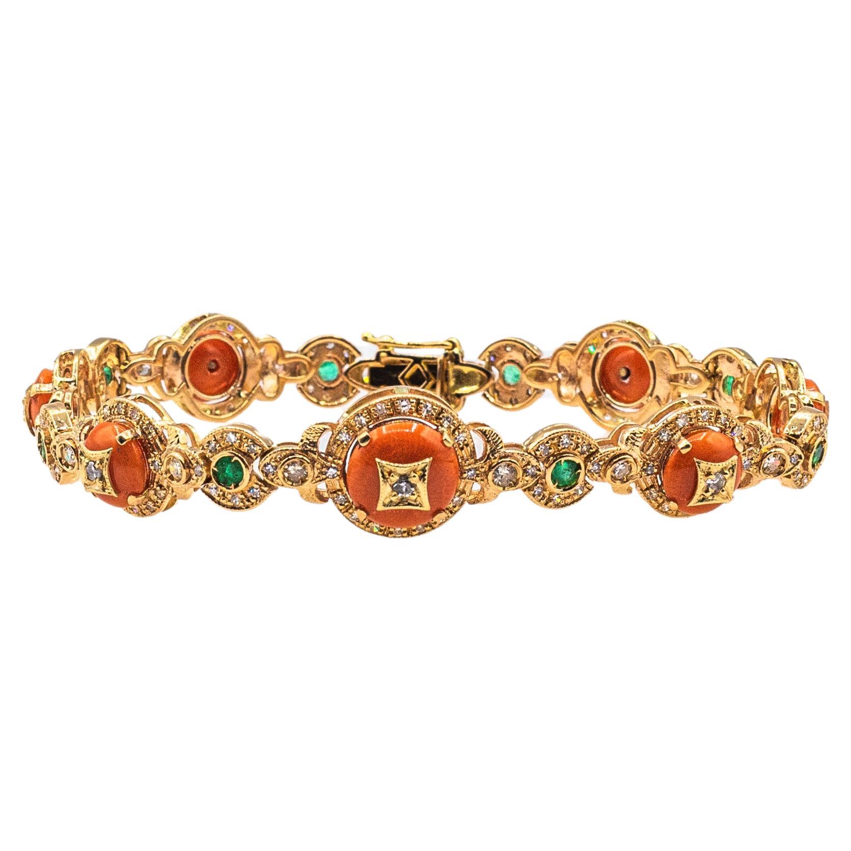 Bracelet Art déco en or jaune avec diamants blancs, émeraudes et corail rouge méditerranéen