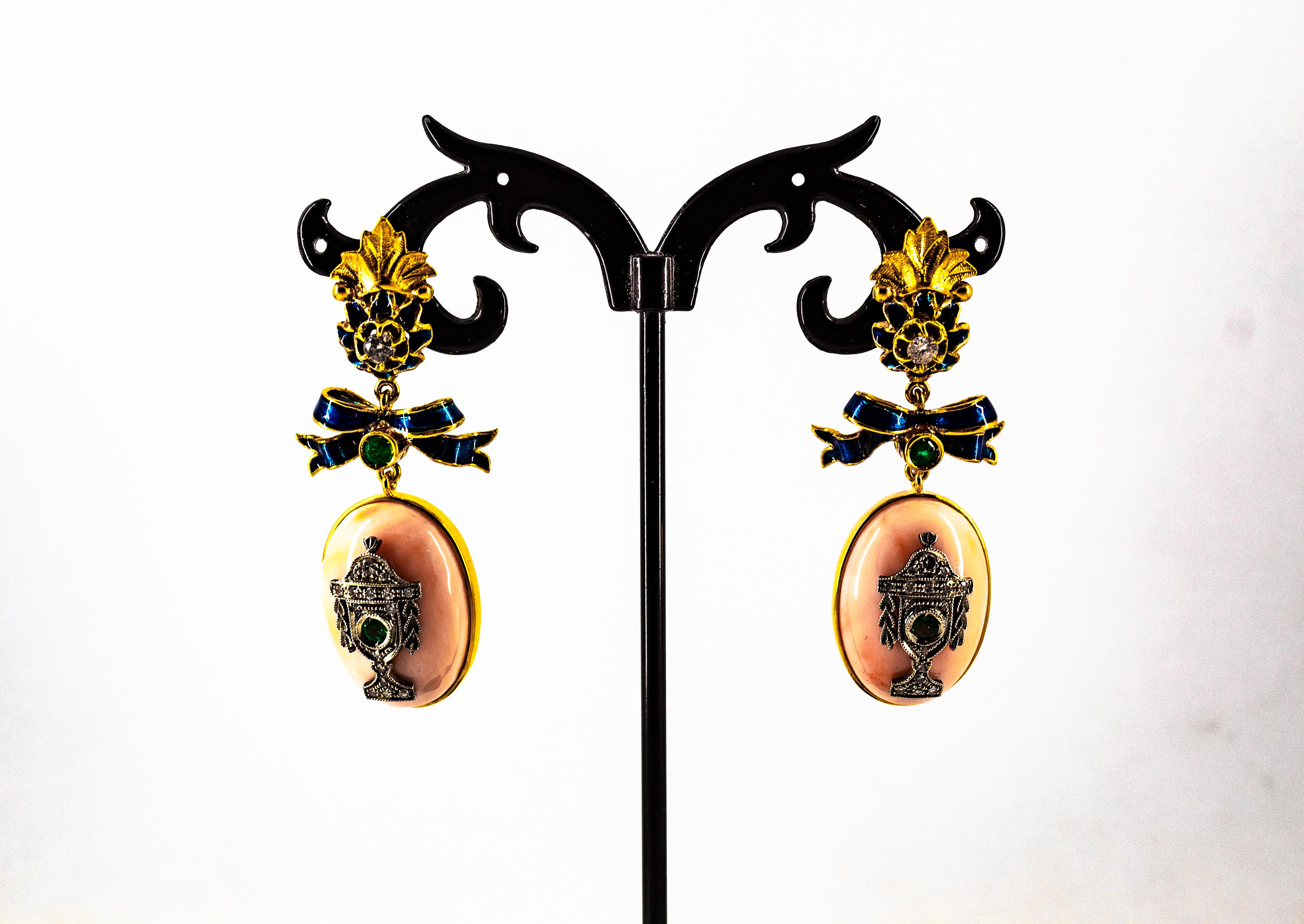 Art Deco Style White Diamond Emerald Pink Coral Enamel Yellow Gold Drop Earrings For Sale 2