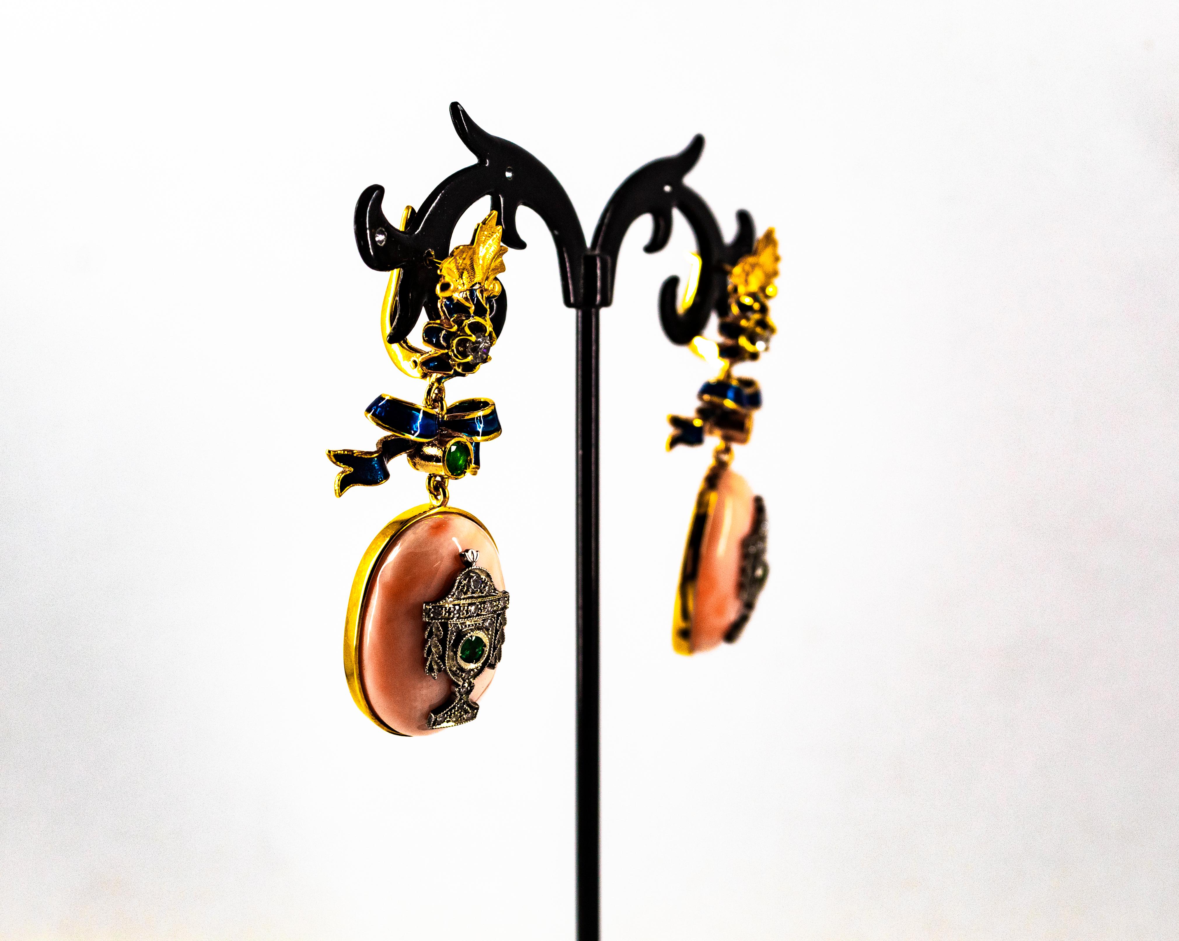 Art Deco Style White Diamond Emerald Pink Coral Enamel Yellow Gold Drop Earrings For Sale 4